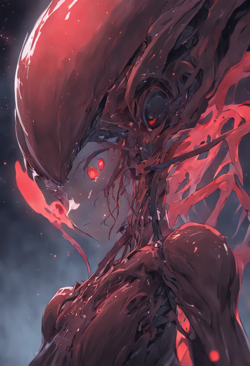 Alien invasion,eerie,tosen,Blood,Close-up,of a real,Facial features are carefully depicted,Realistic skin texture,Dark style,depth of fields,high light,Real light,Ray traching,oc rendered,Hyper-realistic,best qualtiy,8K,Works of masters,super-fine,Detailed pubic hair,Correct anatomy,sharp focus on eyes,Bokeh,Facial features are carefully depicted