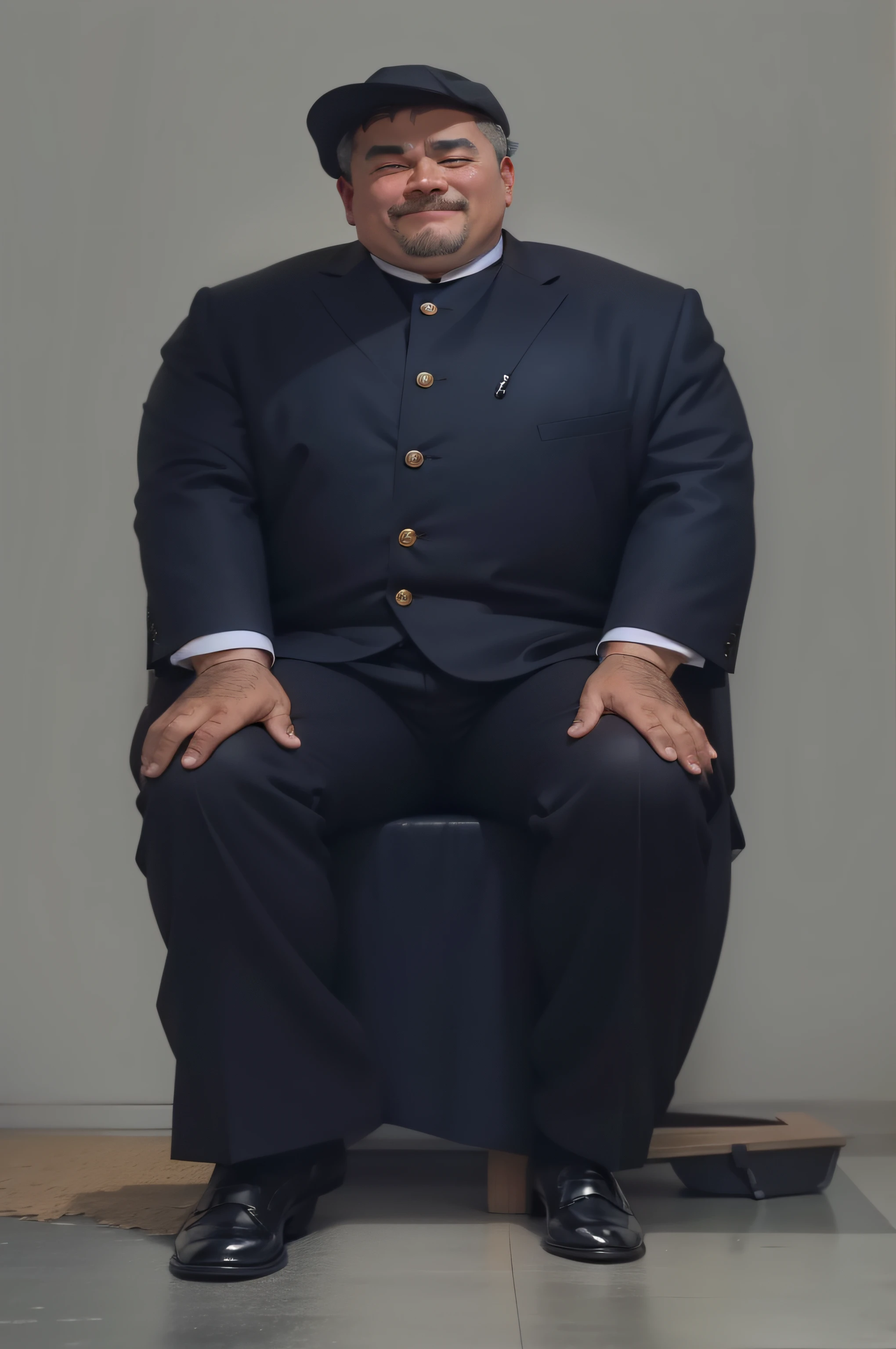 Photo of a middle-aged man,Short hair for middle-aged men,With a smile,He wears a black Zhongshan suit,The neck shows a white collar,Wear black pants,Black leather shoes,Sit on a stool,with hands resting on knees,the background is clean,The light is natural,Picture coordination,HD color photos