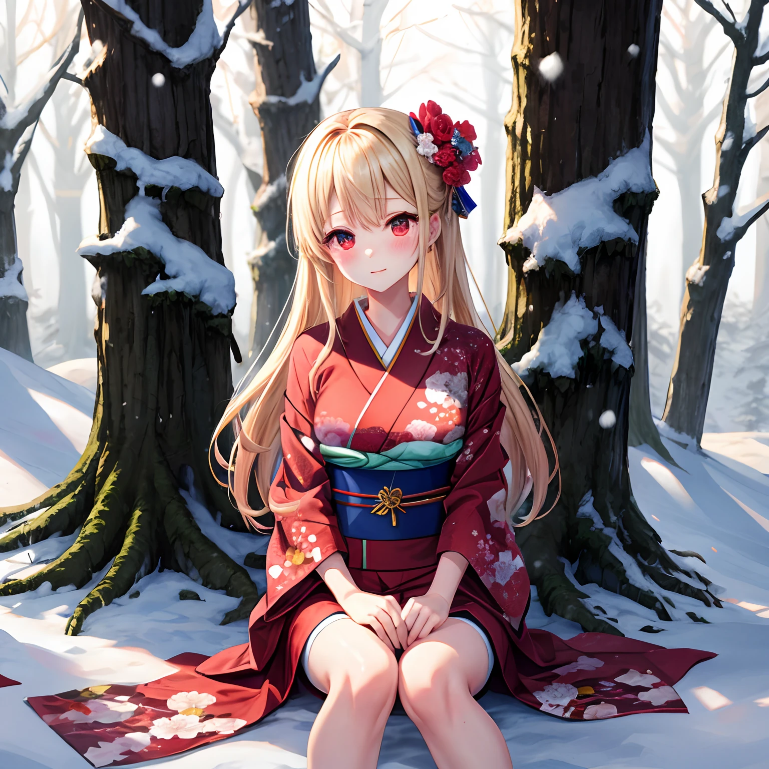 a blond、red eyes、Beautiful girl alone、Floral kimono、red blush、in woods、sitting on、snowfall