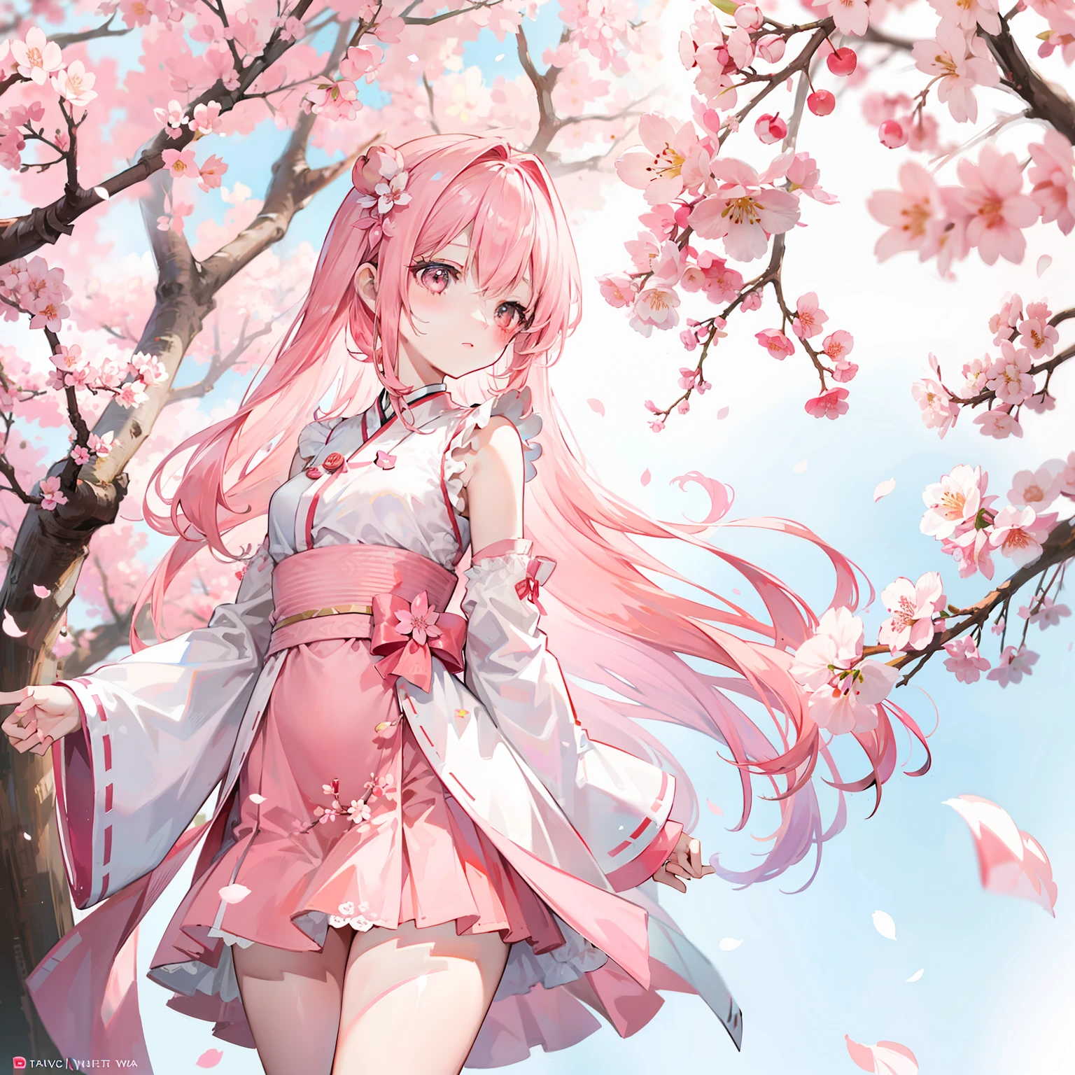 Peach blossom pink straight hair,Wearing pale pink Han costumes,Holding a cherry blossom branch,in the background, Beautiful cherry blossom trees are scattered with cherry blossoms,She is a gentle person, Cute, Slender petite sweet girl