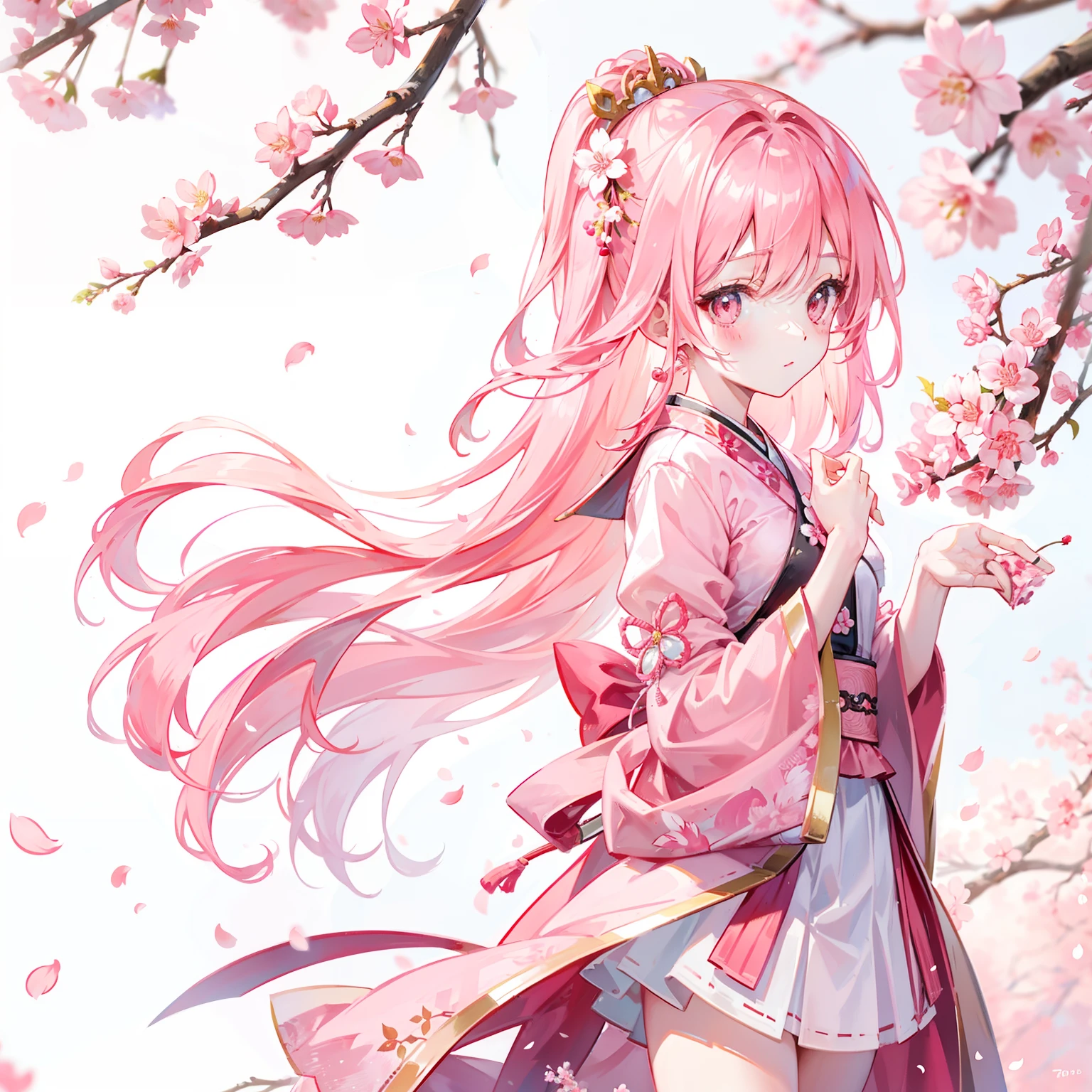 Peach blossom pink straight hair,Wearing pale pink Han costumes,Holding a cherry blossom branch,in the background, Beautiful cherry blossom trees are scattered with cherry blossoms,She is a gentle person, Cute, Slender petite sweet girl