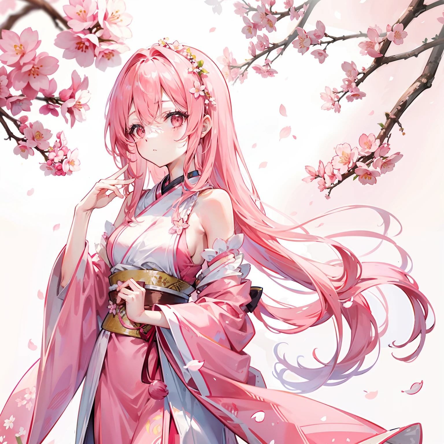 Peach blossom pink straight hair，Wearing pale pink Han costumes，Holding a cherry blossom branch，in the background, Beautiful cherry blossom trees are scattered with cherry blossoms，She is a gentle person, Cute, Slender petite sweet girl