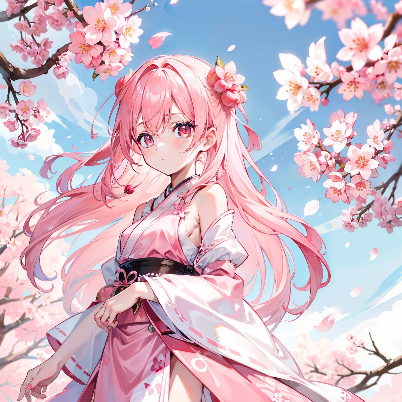 Peach blossom pink straight hair,Wearing pale pink Han costumes,Holding a cherry blossom branch,in the background, Beautiful cherry blossom trees are scattered with cherry blossoms,She is a gentle person, Cute, Slender petite sweet girl