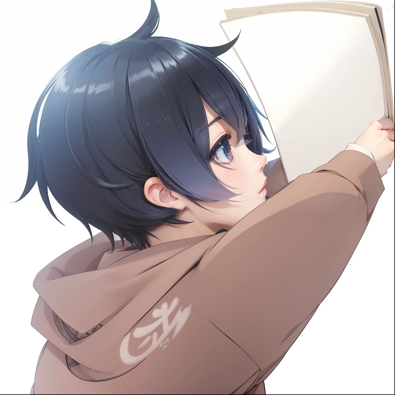 Black color hair，eyes with brightness，Write on a book with a pen，Written in a book，looking at book，Front close-up，Anime boys, 2 d anime style, Anime boy, 2d anime,  Anime moe art style, Moe art style，as an anime character, in an anime style, anime lover, Anime figure,  In anime style, High quality anime art style, anime pose，white backgrounid，Minimalist style，kawaii，Finger occlusion