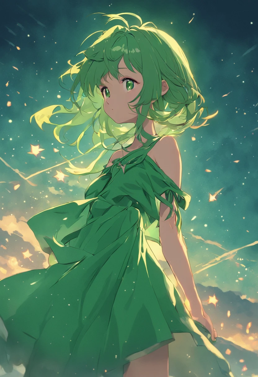 (Masterpiece, Best quality:1.2), Solo, 1loli, hair adornments, Green clothes, flatchest, jewelry,, Bare shoulders side face swing under the moon