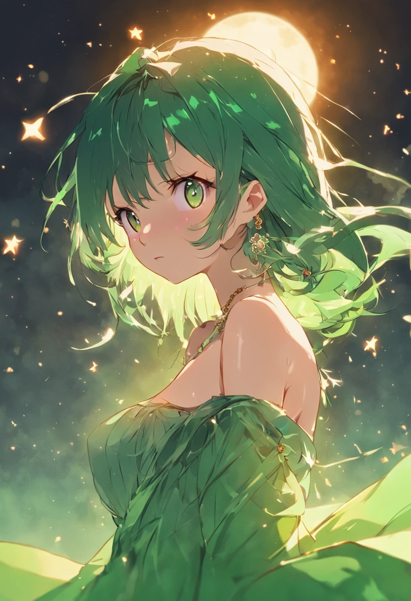 (Masterpiece, Best quality:1.2), Solo, 1loli, hair adornments, Green clothes, flatchest, jewelry,, Bare shoulders side face swing under the moon
