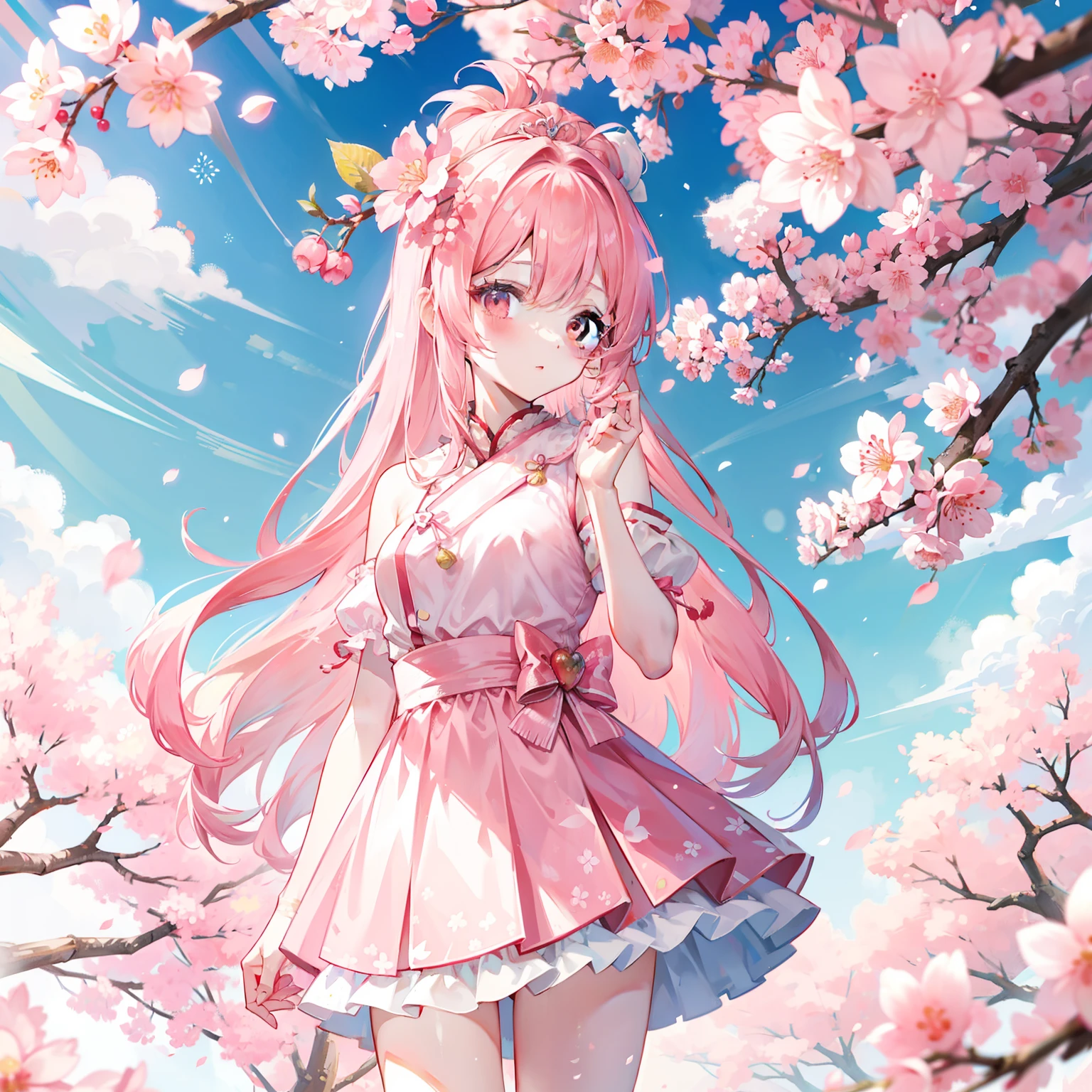 Peach blossom pink straight hair,Wearing pale pink Han costumes,Holding a cherry blossom branch,in the background, Beautiful cherry blossom trees are scattered with cherry blossoms,She is a gentle person, Cute, Slender petite sweet girl
