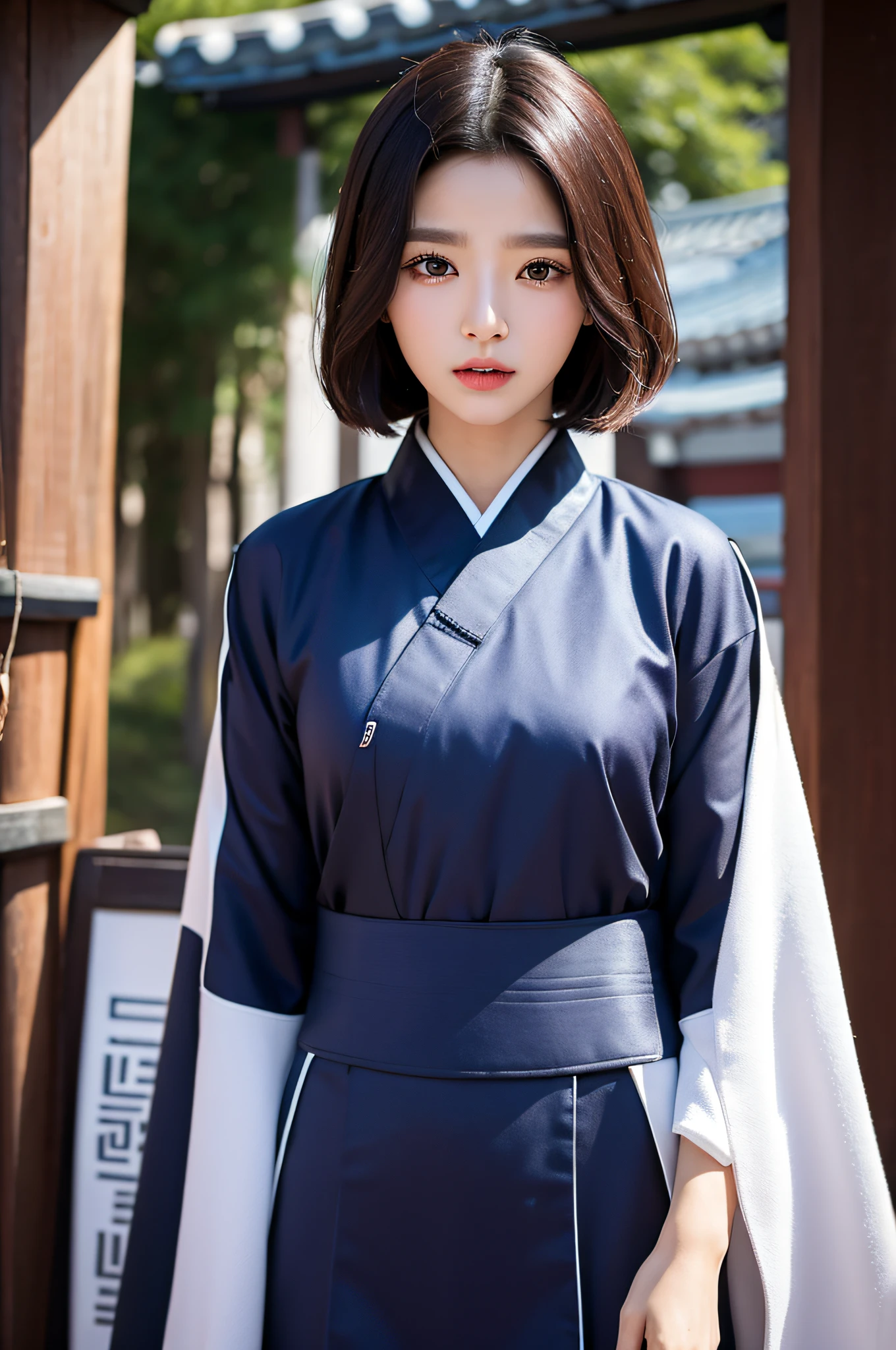 (Gyeongsan:1.5), a closeup, masterpiece, top-quality, ultra-detailliert, Raw foto, Photorealsitic:1.2, unbelievable Ridiculous, hight resolution, finely detail, extra detailed face, extremely detailed eye, Sharp pupils, a very beautiful woman, 独奏, short-hair, huge tit, depth of fields, foco nítido, Cinematic lighting, Kyungsan Suit