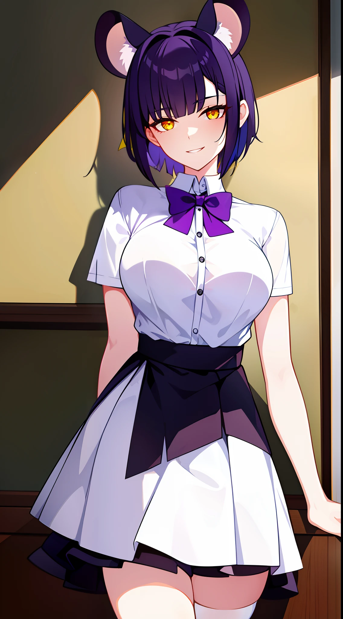 young girl, short purple hair, Yellow eyes, Mouse ears, tight white shirt with bow tie, tight black skirt, open breasts, Languid look, Lustful smile, Masterpiece, hiquality