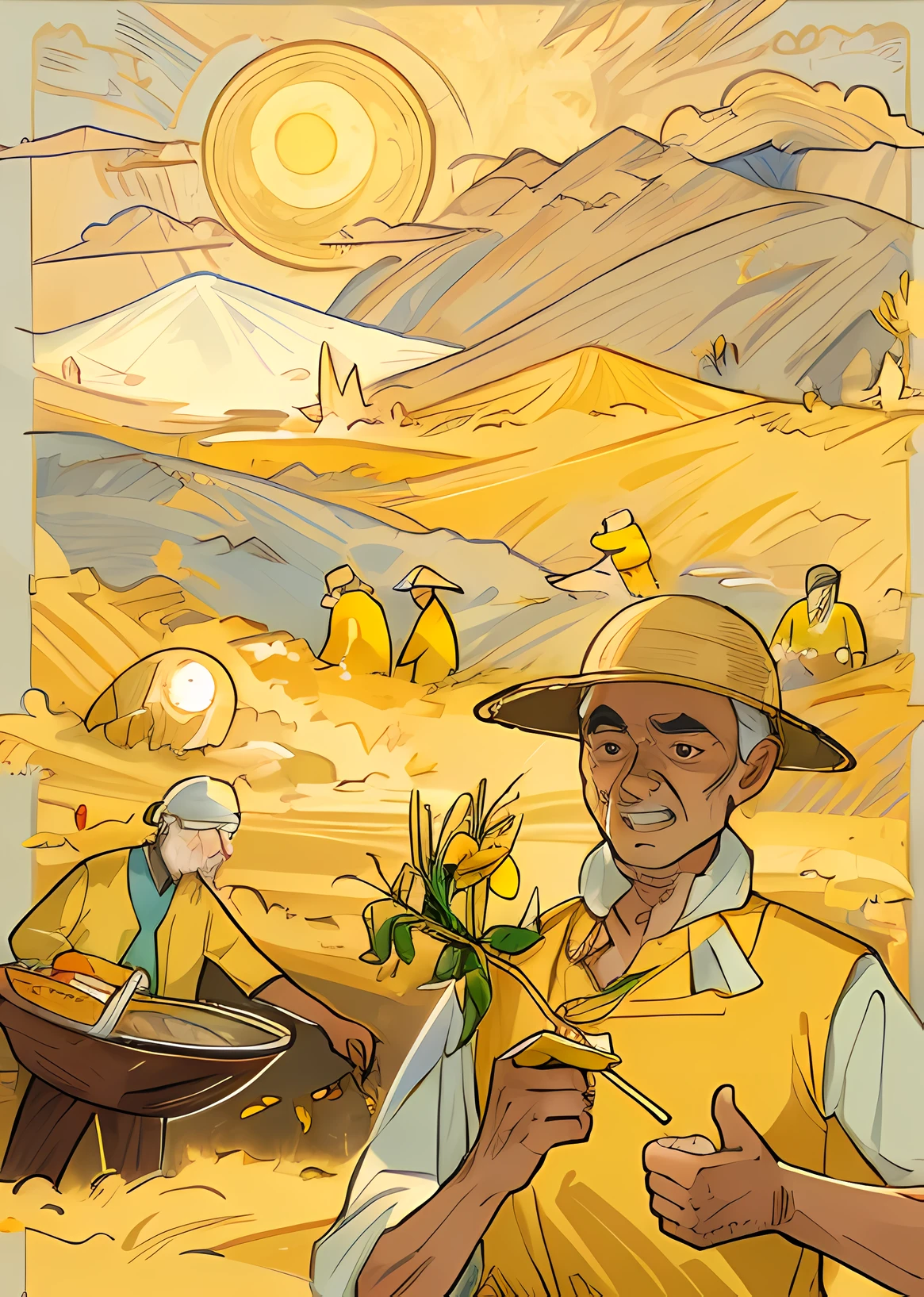 A rural old man with a yellow straw hat holding a honeysuckle in his hand,hat, mountain, bird, moon, cloud, male focus, sun
