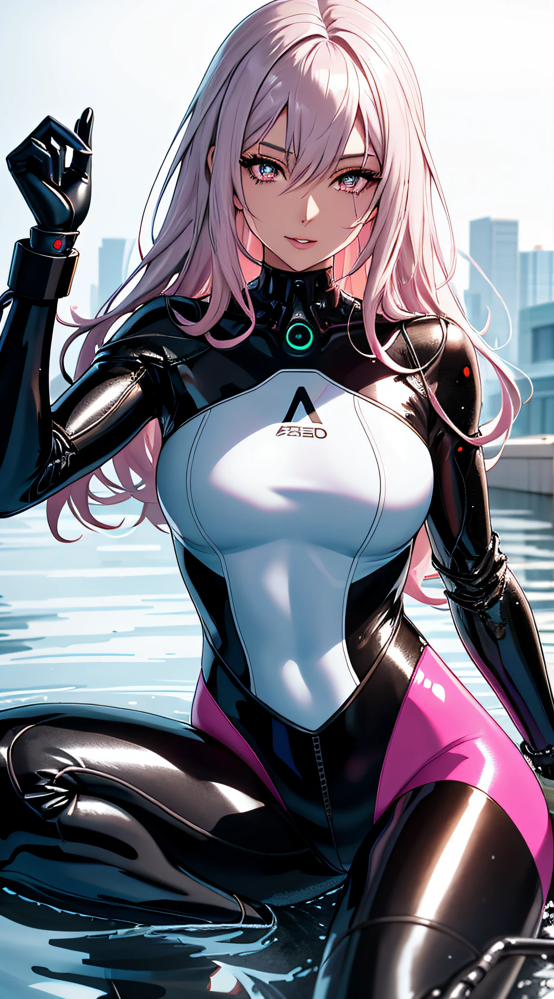 Alafard woman in a wetsuit sitting in a puddle, glossy wet skin!!, Wet shiny skin, Made of liquid metal, broken beautiful female android!, beautiful female android!, perfect android girl, seductive anime girls, Biomechanical OPPAI, an oppai cyberpunk, Drenched Body, Pink body, Latex skin, Girl vs, Wet look