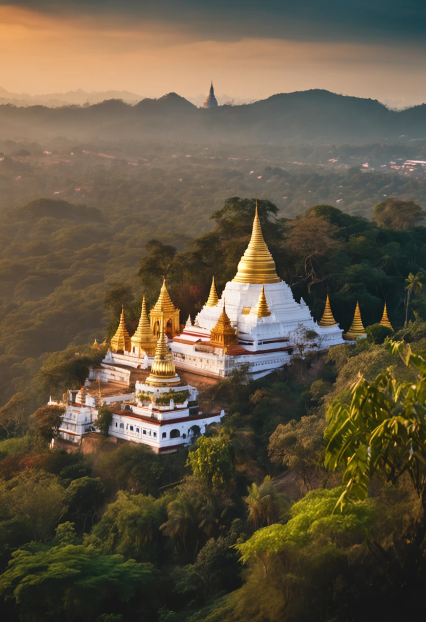 landscape of Myanmar, white pagoda and monastery on the hill, intricate image