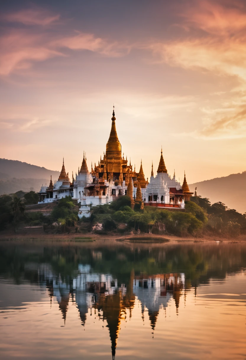 landscape of Myanmar, white pagoda and monastery on the hill, intricate image