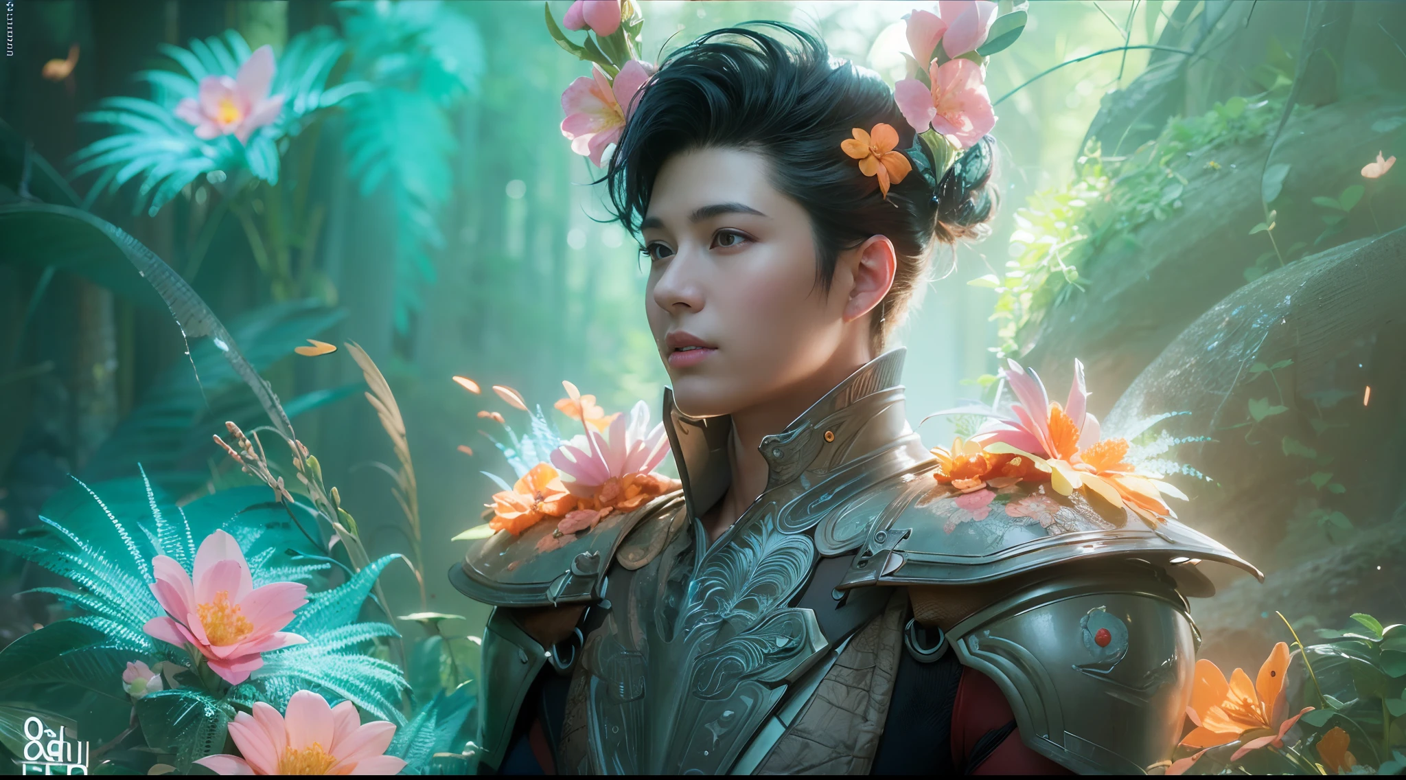 1boy, photo of very very handsome suave smiling young 25-year-old male Chinese prince, clothed in futuristic cybernetic armor, wearing a large futuristic crown, walking in an ethereal enchanted forest with neon glowing flowers and a rainbow in the sky, sci-fi, intricate, neon light, ((perfect face)), ((perfect hands)), ((perfect body)), ((correct anatomy)), ((ultra-realistic)), ((8k, UHD)), highly detailed, digital painting, artstation, concept art, human anatomy, soft light, smooth, illustration, art by tian zi and craig mullins and WLOP and alphonse mucha