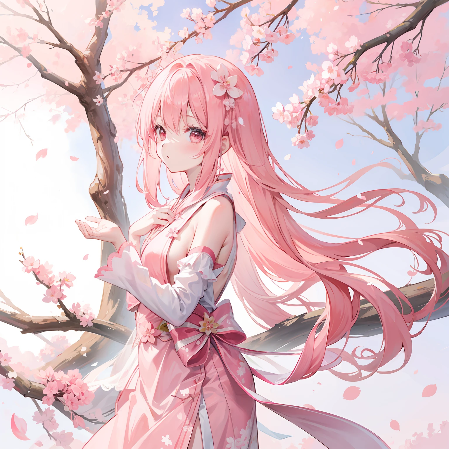 Peach blossom pink straight hair,Wearing pale pink Han costumes,Holding a cherry blossom branch,in the background, Beautiful cherry blossom trees are scattered with cherry blossoms,She is a gentle person, Cute, Slender petite sweet girl