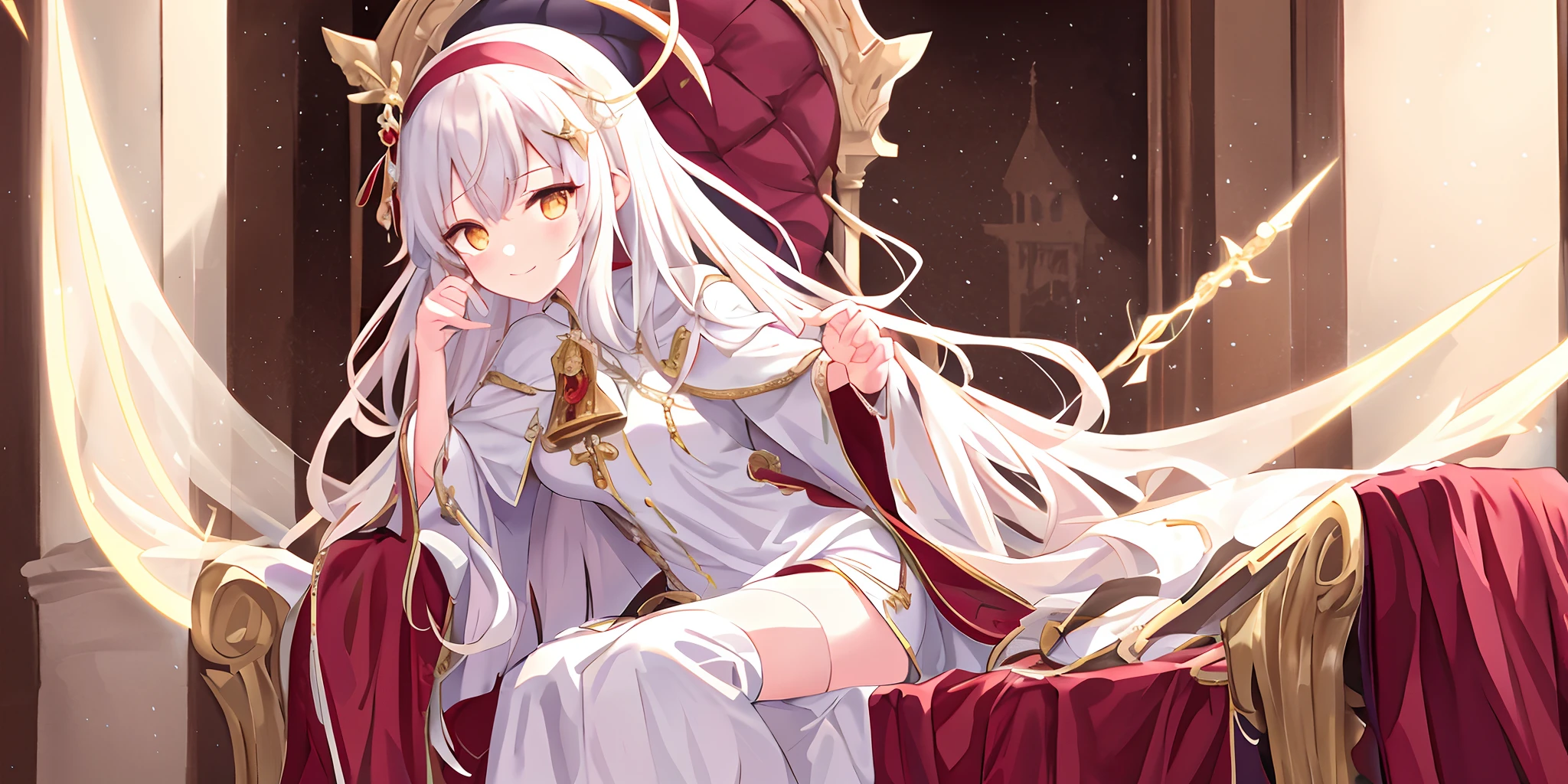 Pope all over the body,one-girl,Poor milk,On the scepter,Lie down in bed(long white robe,The pattern is complex))red shawl,(cute anime face),Gold eyes,long white hair,ssmile,The halo,(Sit on a low throne),In a magnificent castle,ultraclear