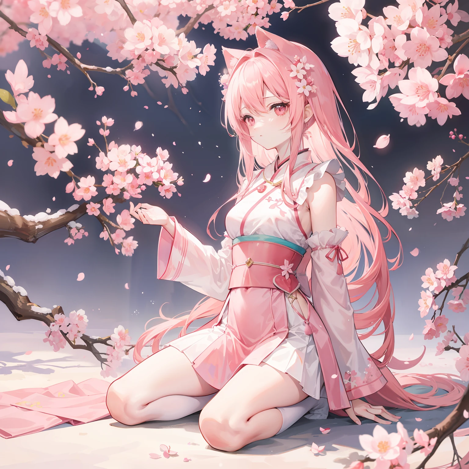 Peach blossom pink straight hair,Wearing pale pink Han costumes,Holding a cherry blossom branch,in the background, Beautiful cherry blossom trees are scattered with cherry blossoms,She is a gentle person, Cute, Slender petite sweet girl