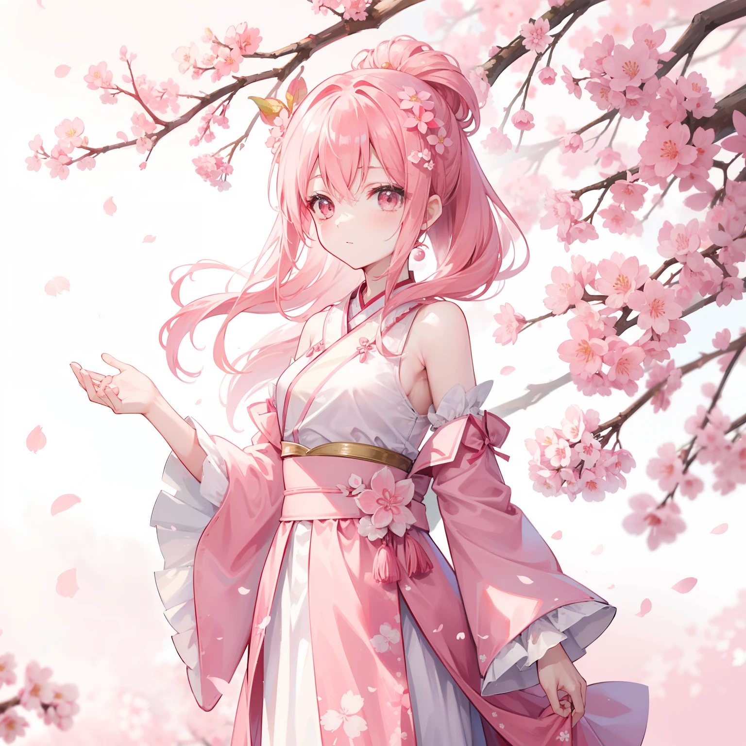 Peach blossom pink straight hair，Wearing pale pink Han costumes，Holding a cherry blossom branch，in the background, Beautiful cherry blossom trees are scattered with cherry blossoms，She is a gentle person, Cute, Slender petite sweet girl