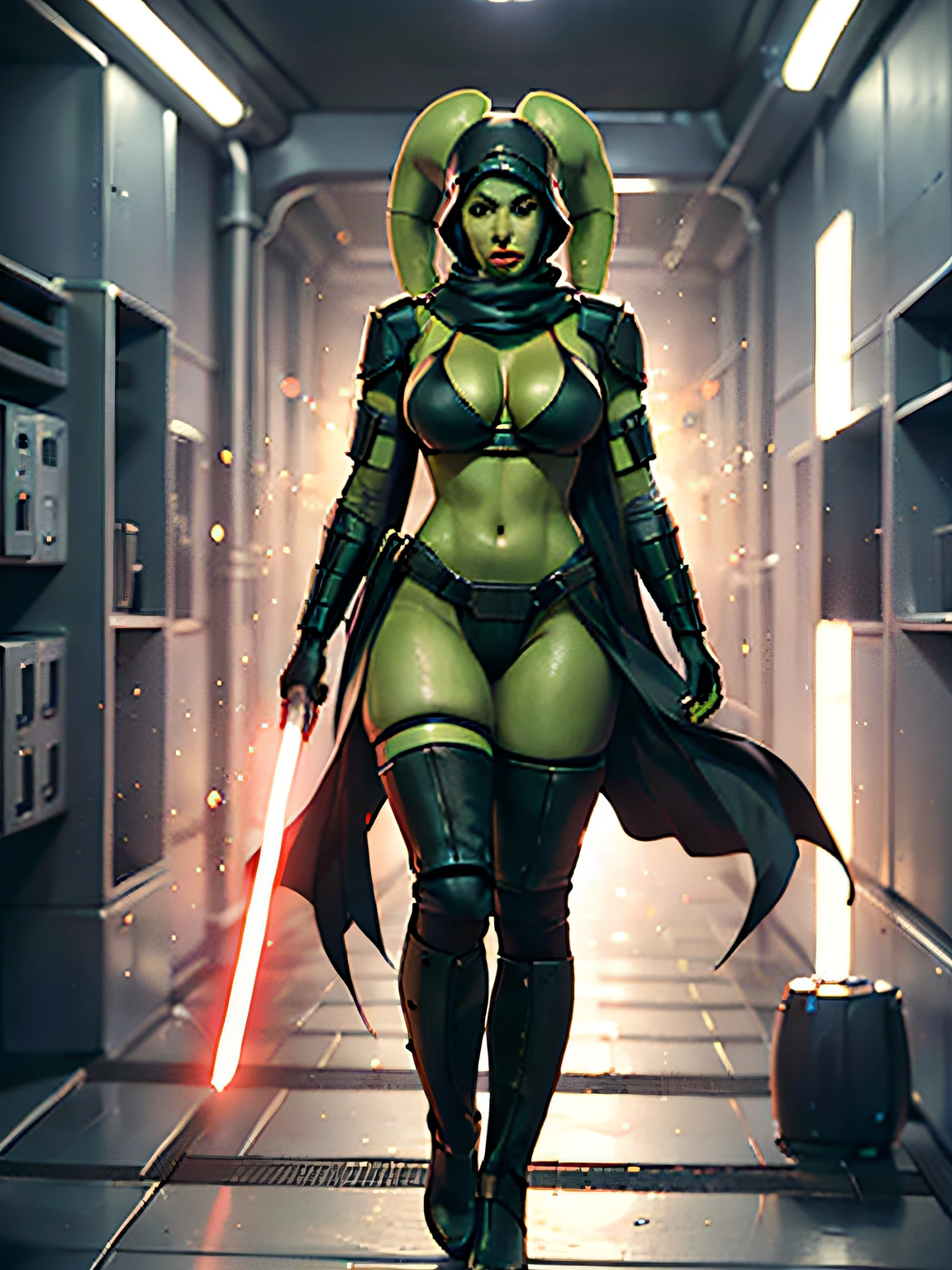 (((green skin)), Twiwilek), Dual Red Lightsaber, Evil Space Knight, Space Ninja, (Wearing a heavy black robe, Black Stealth Armor, breastplates, tunique, tabard, cowl, cloaks, Body gloves, lanyard, buckles, skirt by the, Long sleeves, Fantasy, ((armor))), ((busty), Slender body, Thin, Slim sexy body, Slim waist, Huge breasts), Imperial Spaceship, StarWars,