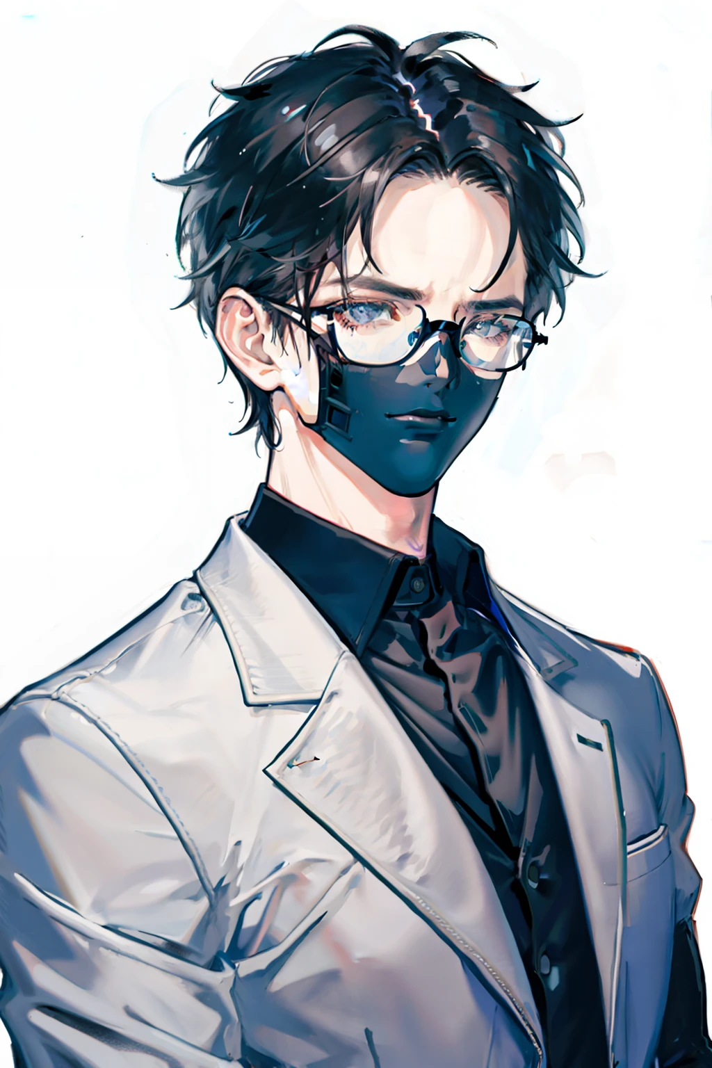 Master Piece, Best Quality, 1man, adult, mature, muscular, handsome, very short hair, forehead, glasses, dark outfit, white background, extremely detailed face, portrait, broad shoulders, Close up, front, look straight ahead