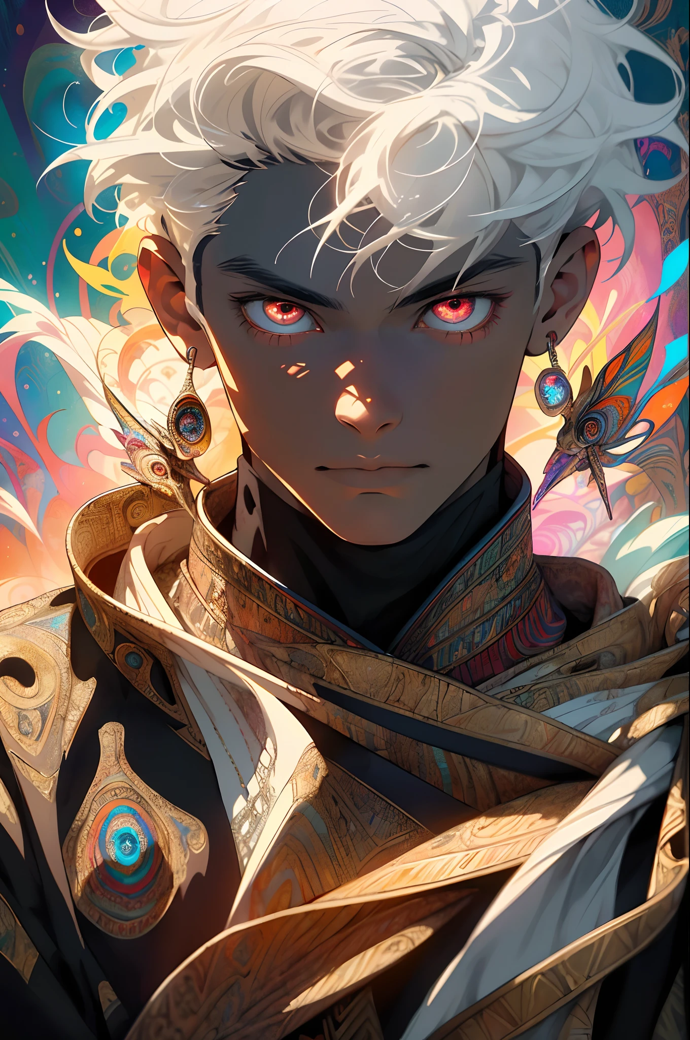 Realistic, (Masterpiece, Top Quality, Best Quality, Official Art, Beauty and Aesthetics: 1.2), Very Detailed, Fractal Art, Colorful, Most Detailed, Zentangle, (Abstract Background: 1.5) (1boy: 1.3), God, White Hair, Short Hair, (Glowing Red Eyes), Mysterious, (Magic), Ice, Handsome Man, Egyptian Style