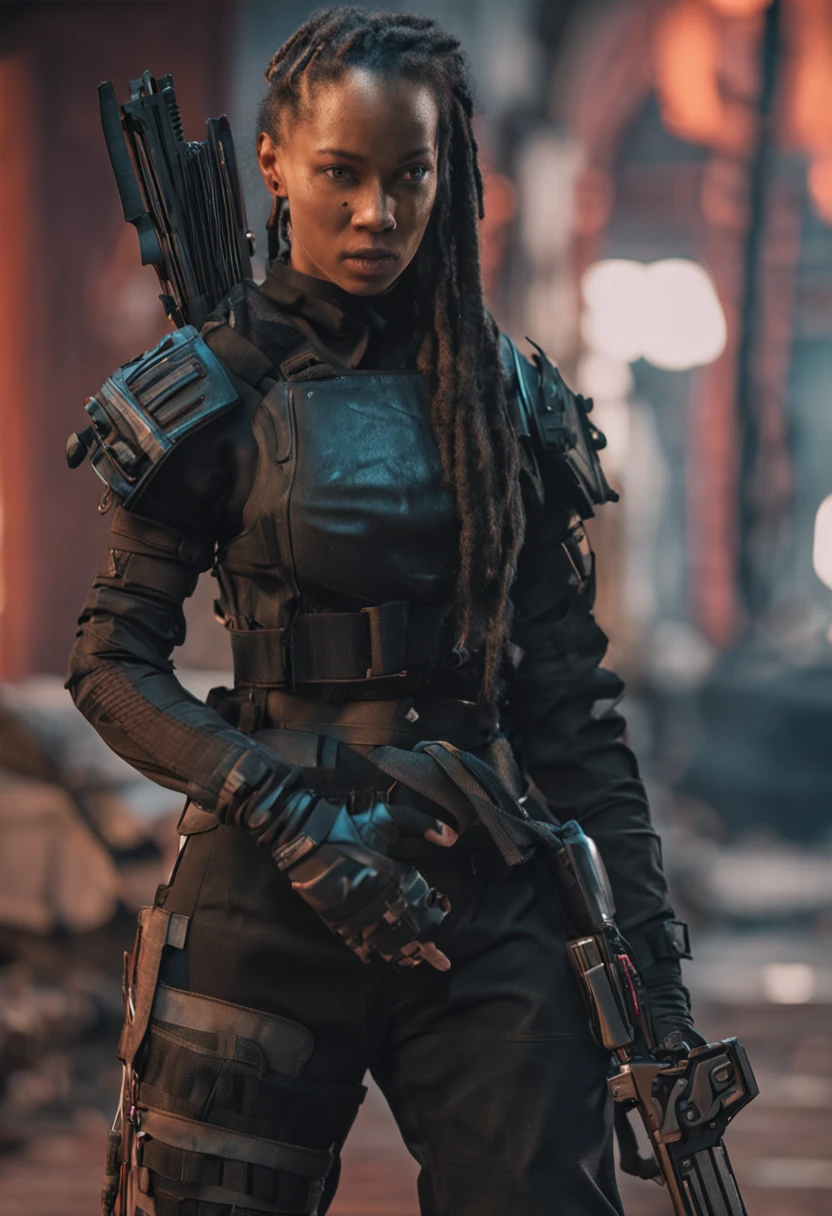 dreadlocks, tacticool, all black clothing, female, sheathed sword,