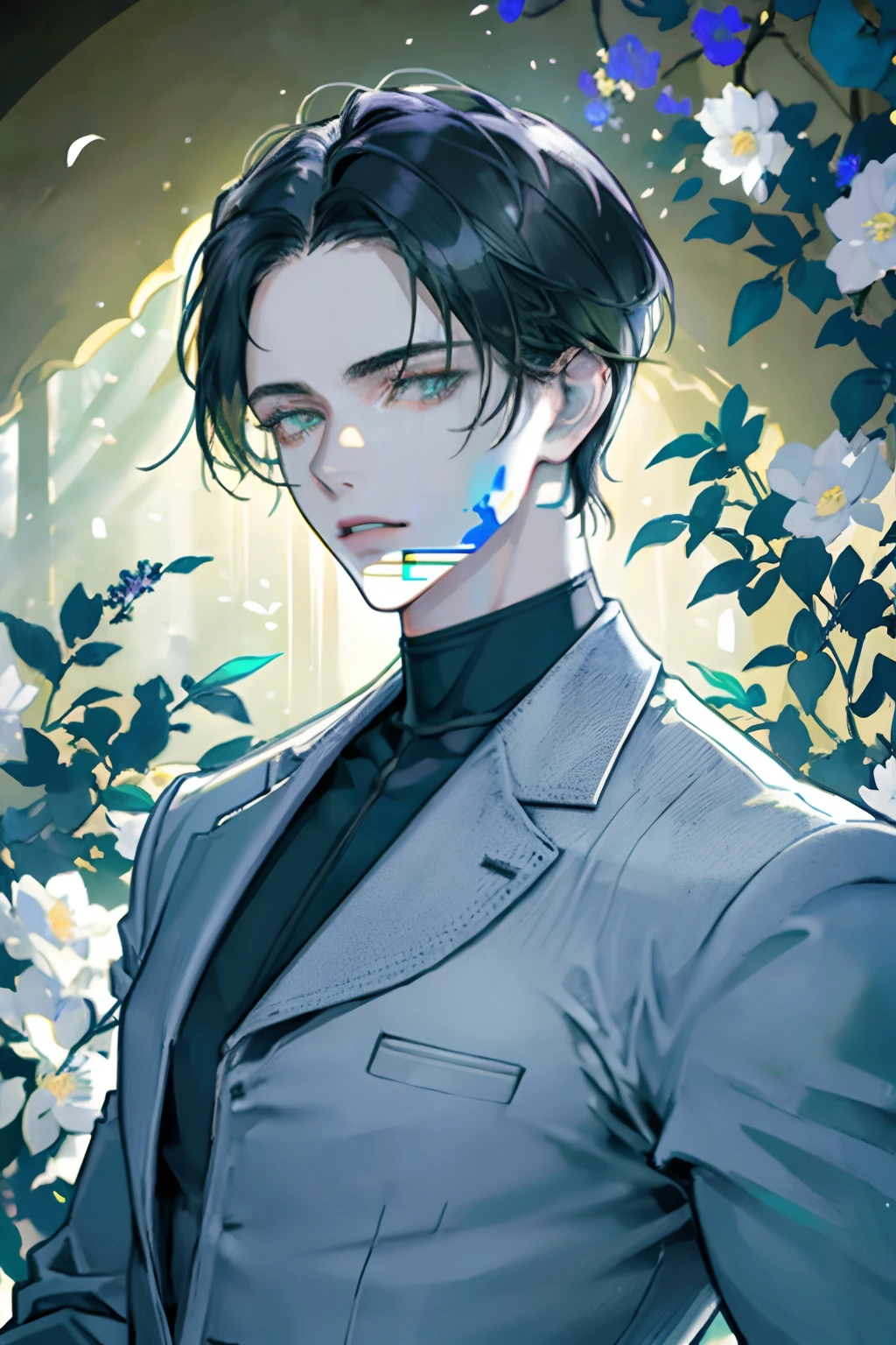 ((masterpiece:1.2, best quality)), 1man, adult, mature, (handsome:1.4), very short hair, forehead, turtleneck outfit, Forest, flowers blooming, glowing, Sunlight, best light and shadow, Scenery, extremely detailed face, portrait, (muscle:1.4, broad shoulders:1.4), stoic