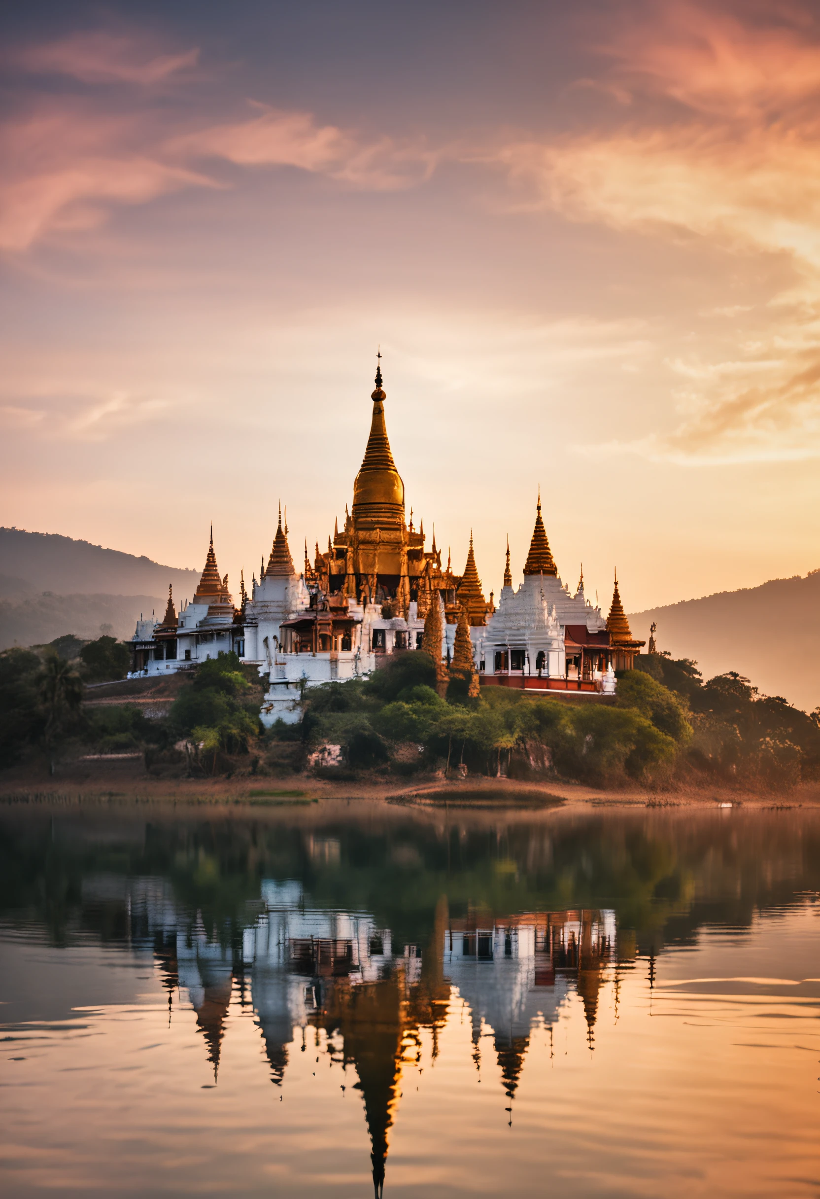 landscape of Myanmar, white pagoda and monastery on the hill, intricate image