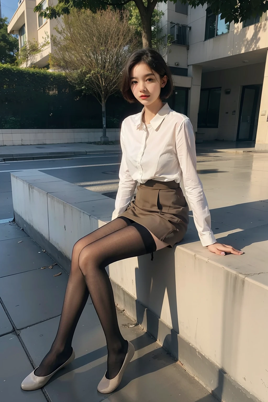 Best quality, full body portrait, delicate face, pretty face, woman, short haircut, slim figure, large bust, OL uniform, office clothes, tan stockings, no shoes, outdoor scene, sitting position on floor