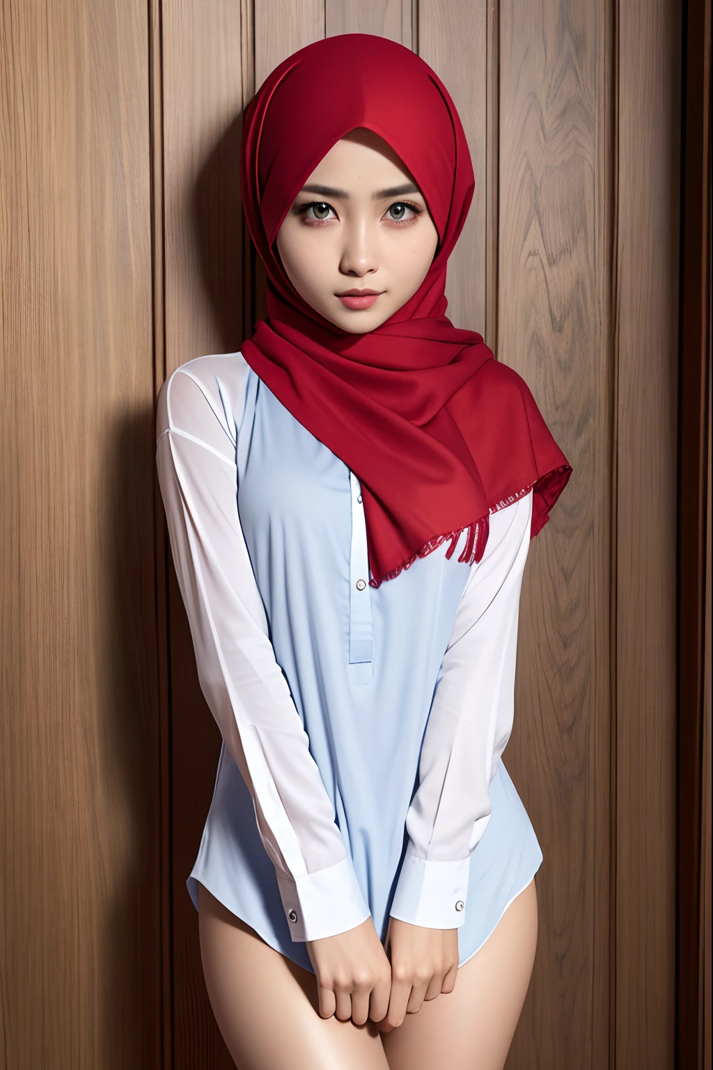 masterpiece, best quality, high resolution, 1 malay girl, shirt, naked shirt, shirt tug red hijab,, blue eyes, blush, shy face,