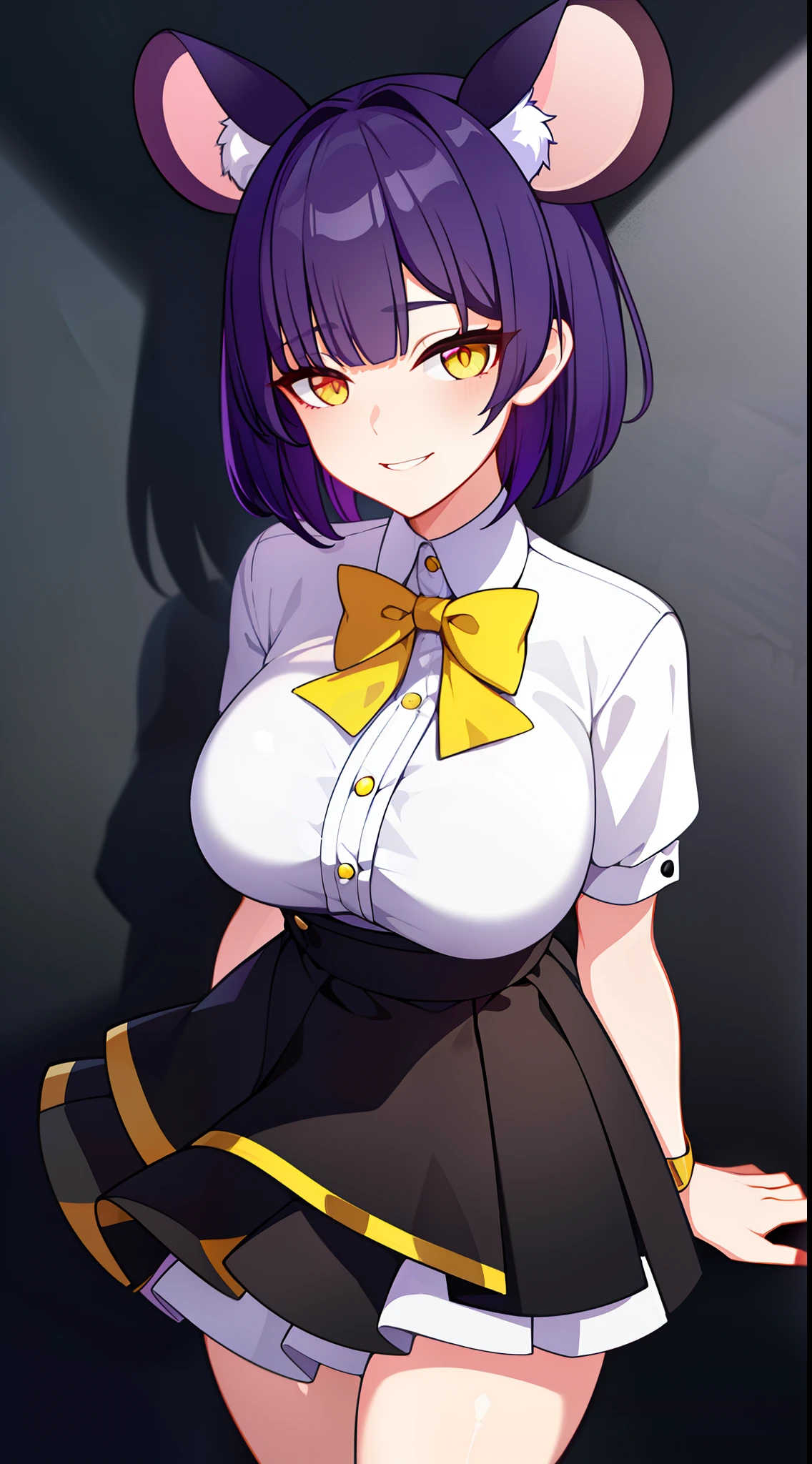 young girl, short purple hair, Yellow eyes, Mouse ears, tight white shirt with bow tie, tight black skirt, open breasts, Languid look, Lustful smile, Masterpiece, hiquality