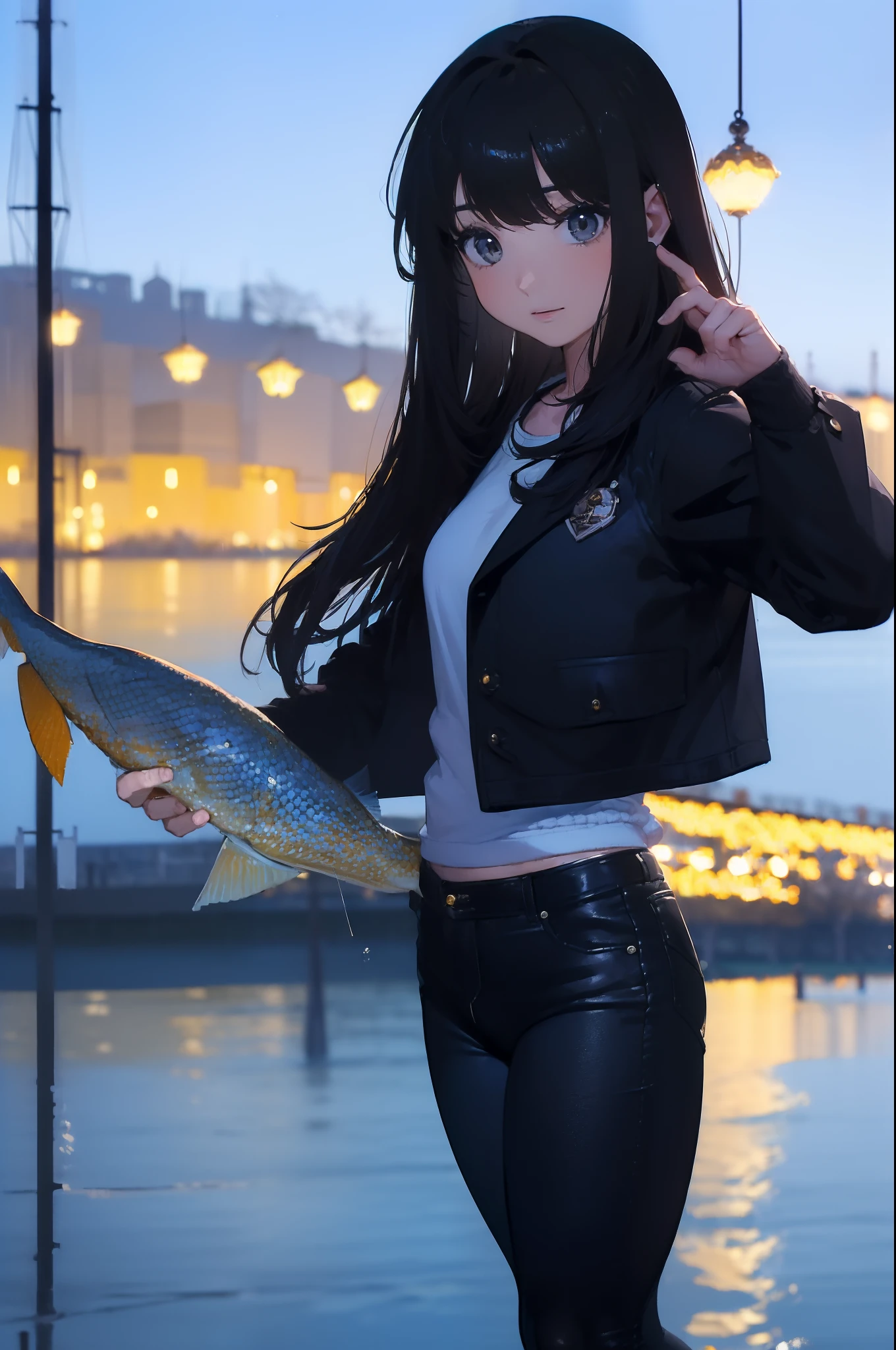 ((((Catching a big fish by the lake:1.5)))),((Female 28 years old)),((Best Quality:1.5)),(((Hands with the correct number and structure of fingers:1.4))),((Big fish:1.37)),hight resolution,ultra-detailliert,masterpiece,best qualtiy,Eight-headed body,Black hair, long eyeslashes, Solid Circle Eyes, drop shadow, Atmospheric perspective,Super Detail, ccurate, small brest,(Black jacket and black jeans :1.1),top-quality, blurry backround, bokeh dof:1.2, (masterpiece:1.3), Atmospheric perspective,Super Detail,dynamic compositions,