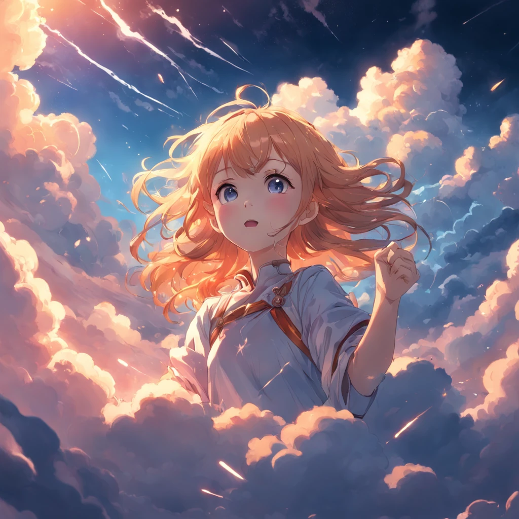 masterpiece, best quality, movie still, 1girl, cloud girl, floating in the sky, close-up, bright, happy, warm soft lighting, sunset, (sparks:0.7)