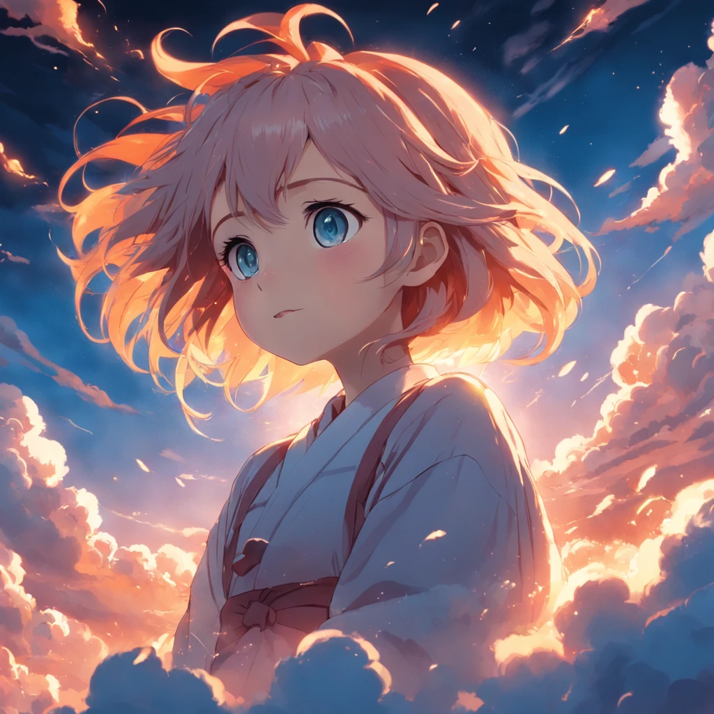 masterpiece, best quality, movie still, 1girl, cloud girl, floating in the sky, close-up, bright, happy, warm soft lighting, sunset, (sparks:0.7)