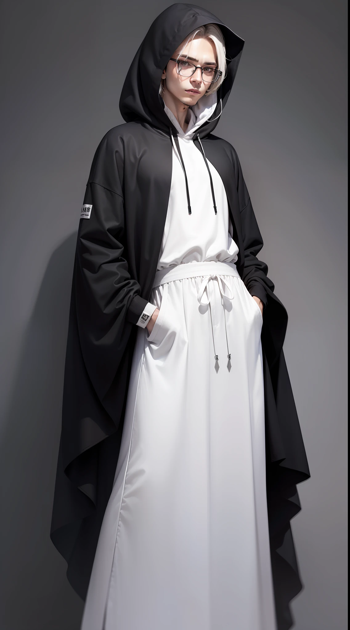 1 man wearing a black hoodie, long dress, stunning style, model, photography, high photography, white background, white glasses, realistic