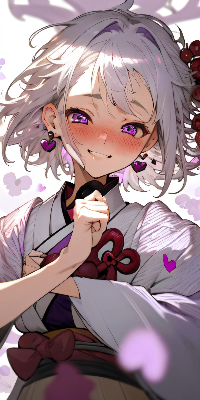 1 girl, short hair, silver hair, white hair, purple eyes, masterpiece, pov, small breast, absurdres, messy hair, cute smile, winking, blushing, nice hands, girl in clothing of Japanese shrine maidens, (heart in the pupils:0.2), floating heart, heart earrings, white hair, full-face blush