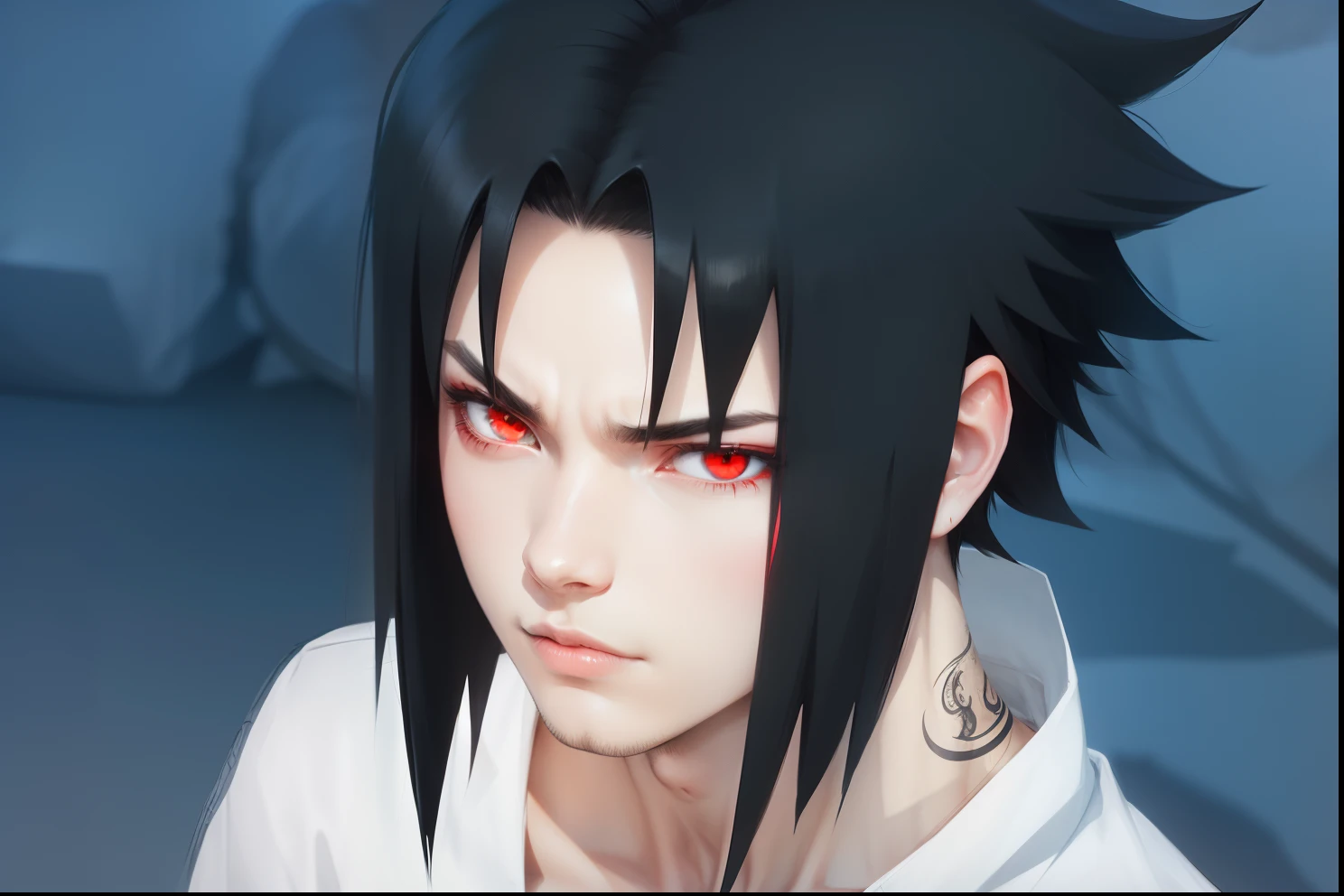 Black hair, red eye, male
