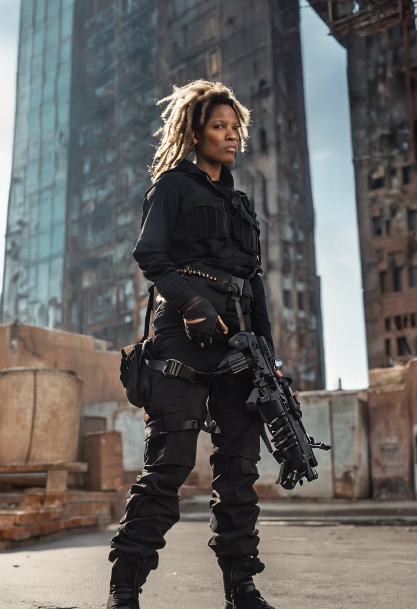 dreadlocks, tacticool, all black clothing, female, carrying dagger