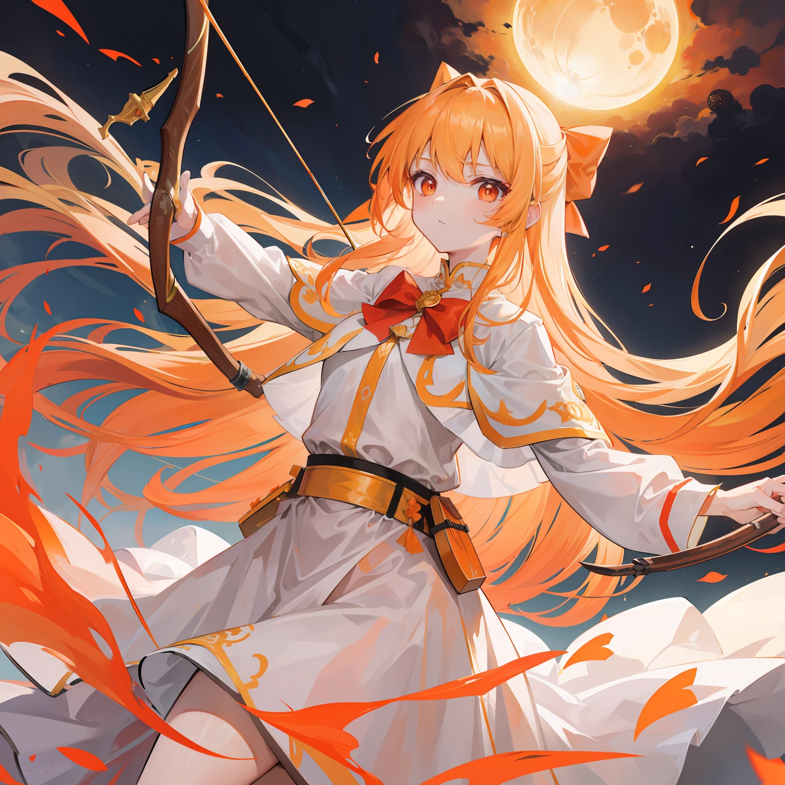 Long orange-blond hair,Warm and silky,Red pupils full of fighting spirit,Armed with a bow and arrow that can shoot the sun,Pure white clothes,Gold-trimmed clothes,She is a beautiful little sister