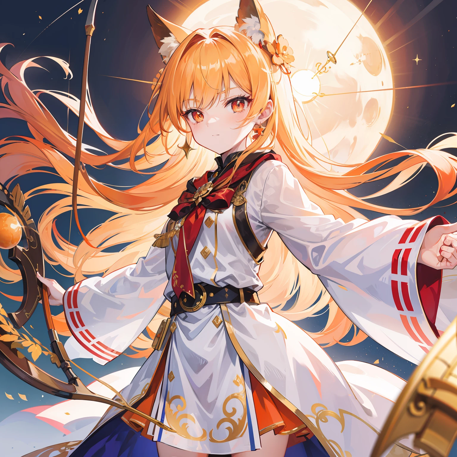 Long orange-blond hair,Warm and silky,Red pupils full of fighting spirit,Armed with a bow and arrow that can shoot the sun,Pure white clothes,Gold-trimmed clothes,She is a beautiful little sister