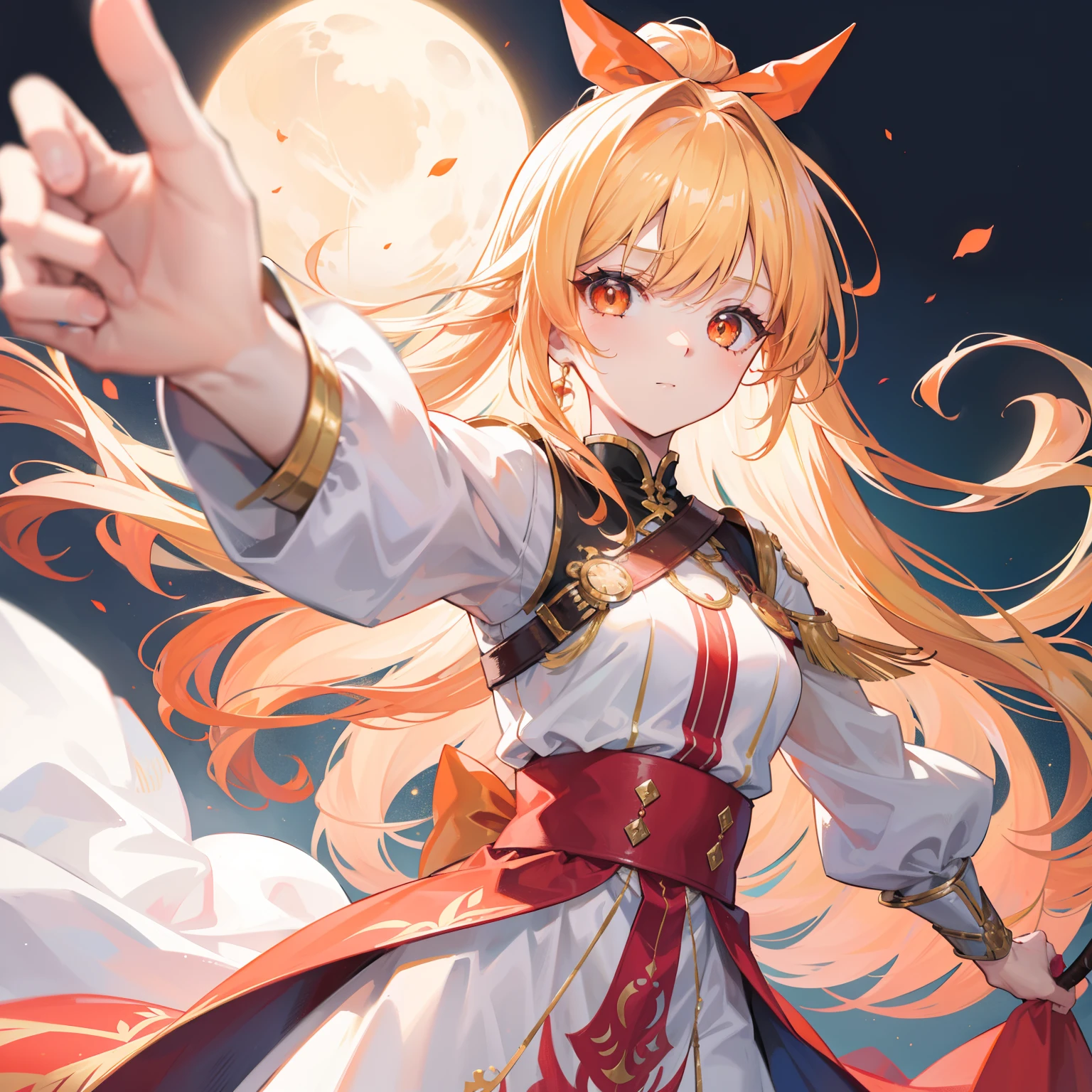 Long orange-blond hair，Warm and silky，Red pupils full of fighting spirit，Armed with a bow and arrow that can shoot the sun，Pure white clothes，Gold-trimmed clothes，She is a beautiful little sister