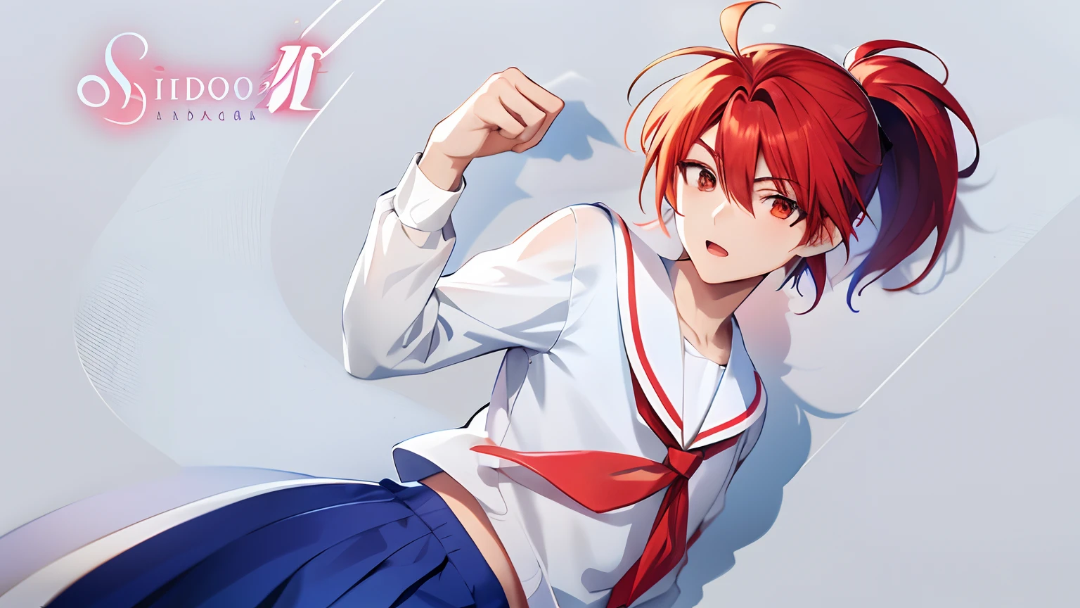 Anime boy with red hair, Anime boy in white sailor suit, Anime boy in blue skirt, Anime boy pose in photo, Boy with red short ponytail hair, Boy with brown eyes, aya takano color style, Muscular men,