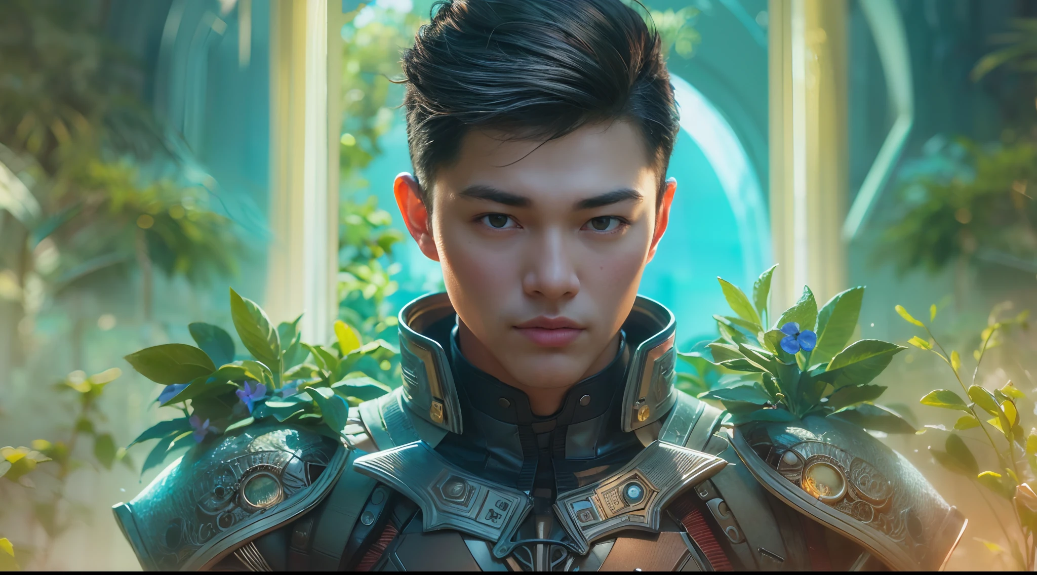 1boy, photo of very very handsome suave smiling young 25-year-old male Chinese prince, clothed in futuristic cybernetic armor, wearing a large futuristic crown, walking in an ethereal enchanted forest with neon glowing flowers and a rainbow in the sky, sci-fi, intricate, neon light, ((perfect face)), ((perfect hands)), ((perfect body)), ((correct anatomy)), ((ultra-realistic)), ((8k, UHD)), highly detailed, digital painting, artstation, concept art, human anatomy, soft light, smooth, illustration, art by tian zi and craig mullins and WLOP and alphonse mucha