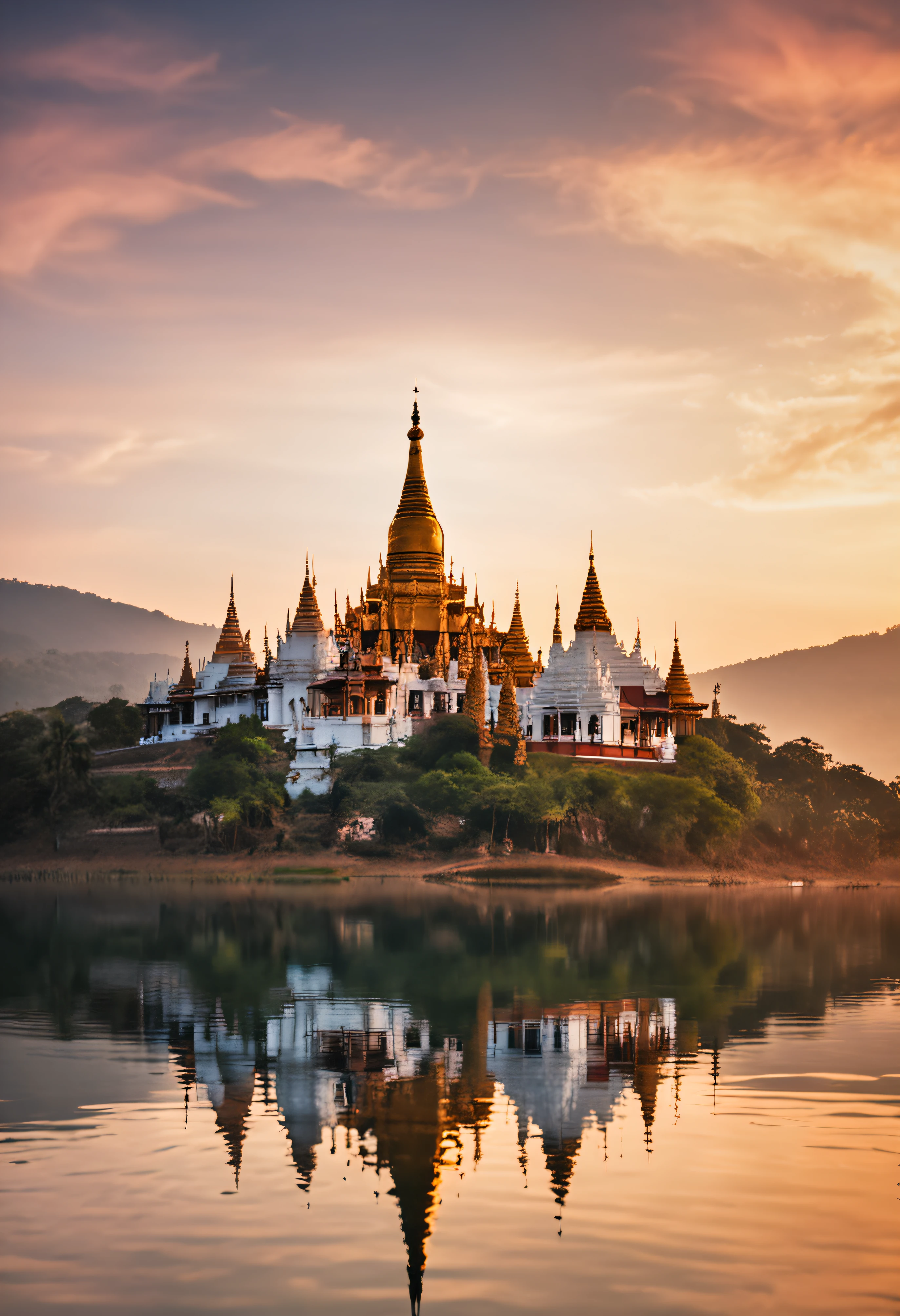 landscape of Myanmar, white pagoda and monastery on the hill, intricate image