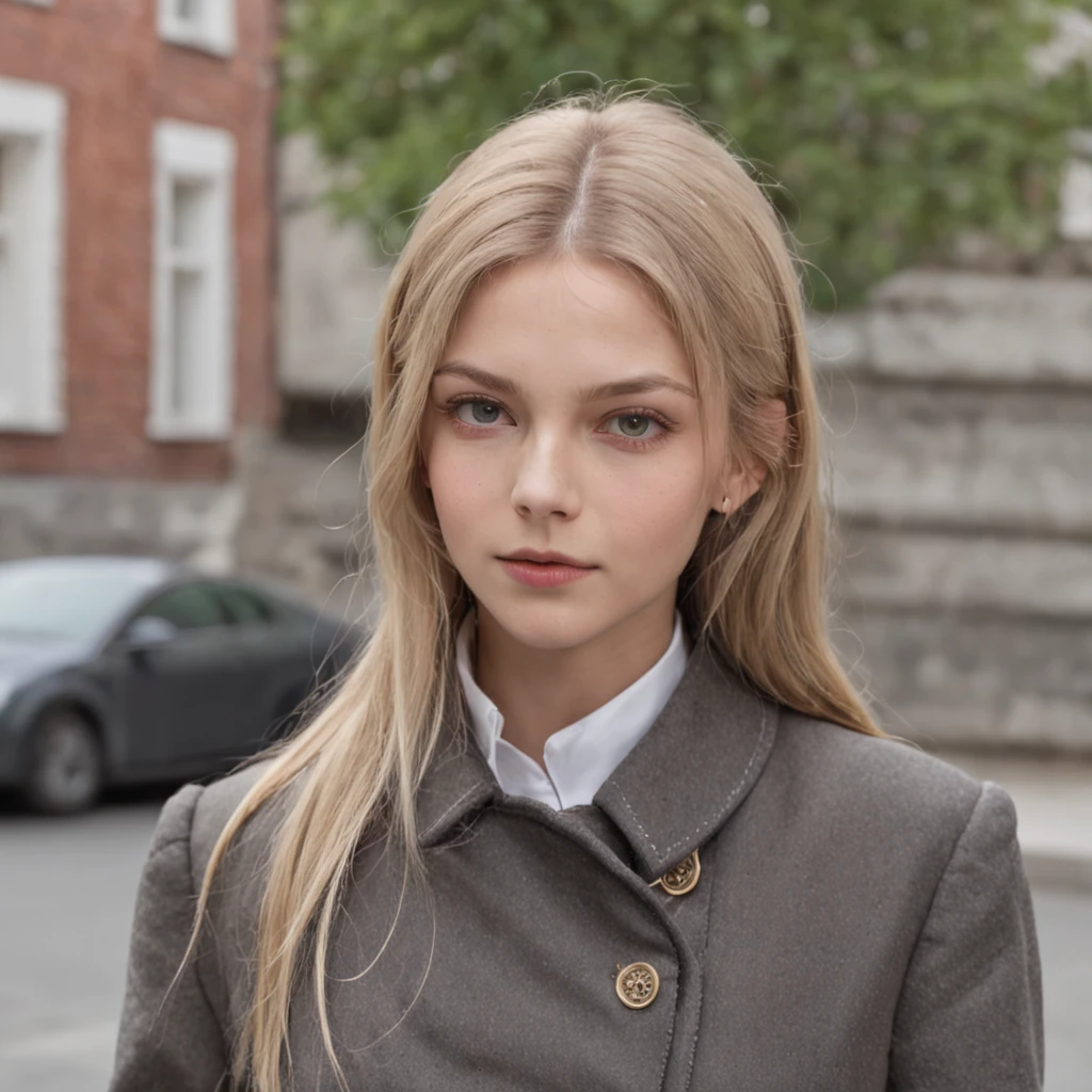 Lonely young girl, Tall stature, little chest, Slavic appearance: Green eyes; blond hair; sharp facial features; Straight nose; pronounced high cheekbones, stands upright, military uniform: gray double-breasted overcoat; gray pants, full length, max detail, Masterpiece quality, black leather gloves, in the middle of the street, Background: A street with a stone paved road with European stone houses from the first half of the 20th century, High quality shadows, High quality of light, High quality clothing.
