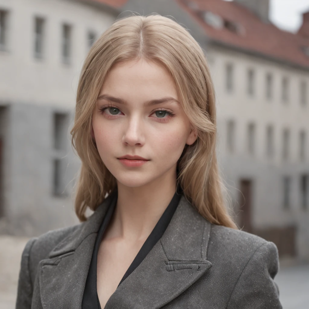 Lonely young girl, Tall stature, little chest, Slavic appearance: Green eyes; blond hair; sharp facial features; Straight nose; pronounced high cheekbones, stands upright, military uniform: gray double-breasted overcoat; gray pants, full length, max detail, Masterpiece quality, black leather gloves, in the middle of the street, Background: A street with a stone paved road with European stone houses from the first half of the 20th century, High quality shadows, High quality of light, High quality clothing.
