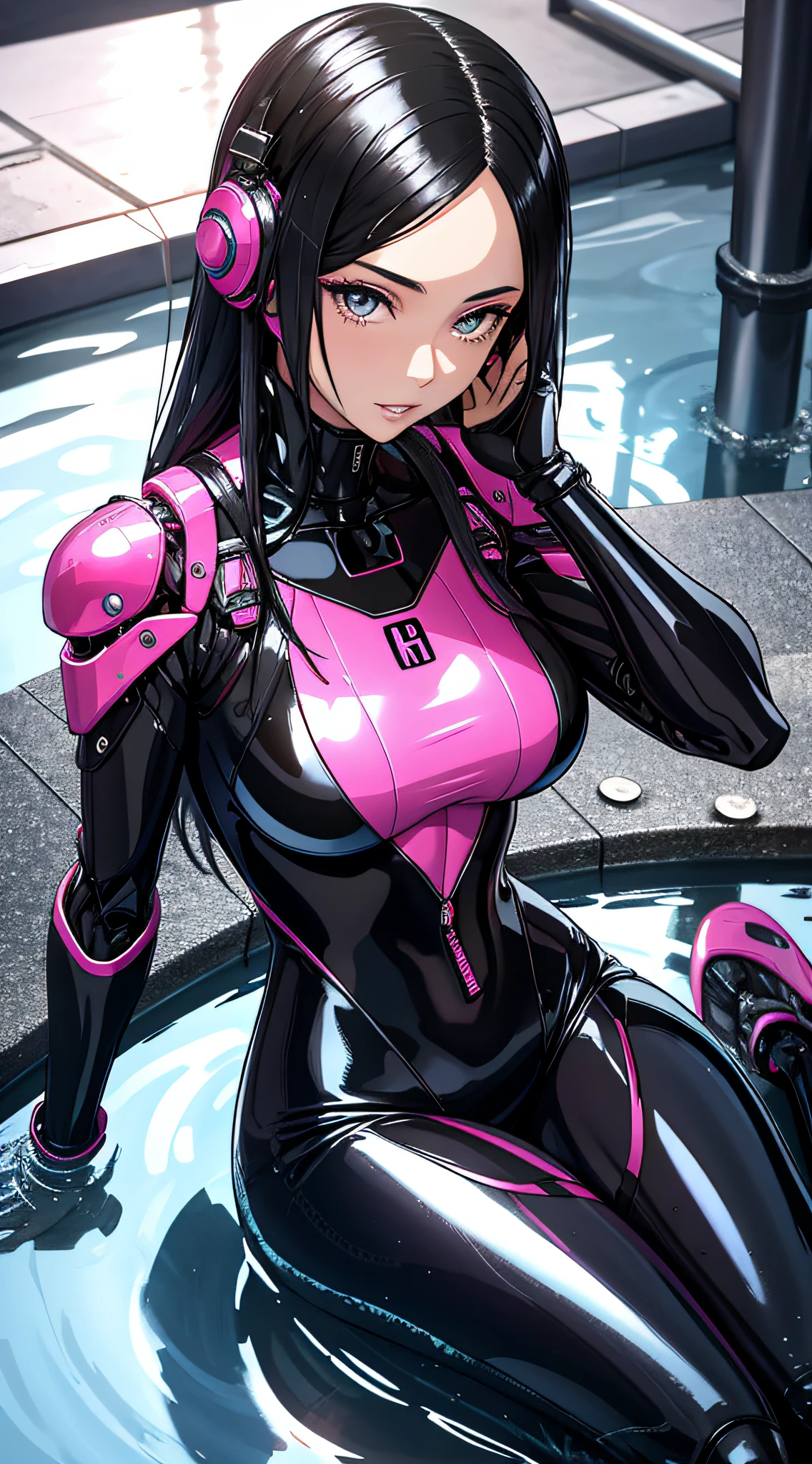 Arafard woman in a wetsuit sitting in a puddle, glossy wet skin!!, Wet shiny skin, Made of liquid metal, broken beautiful female android!, beautiful female android!, perfect android girl, seductive anime girls, Biomechanical OPPAI, an oppai cyberpunk, Drenched Body, Pink body, Latex skin, Girl vs, Wet look