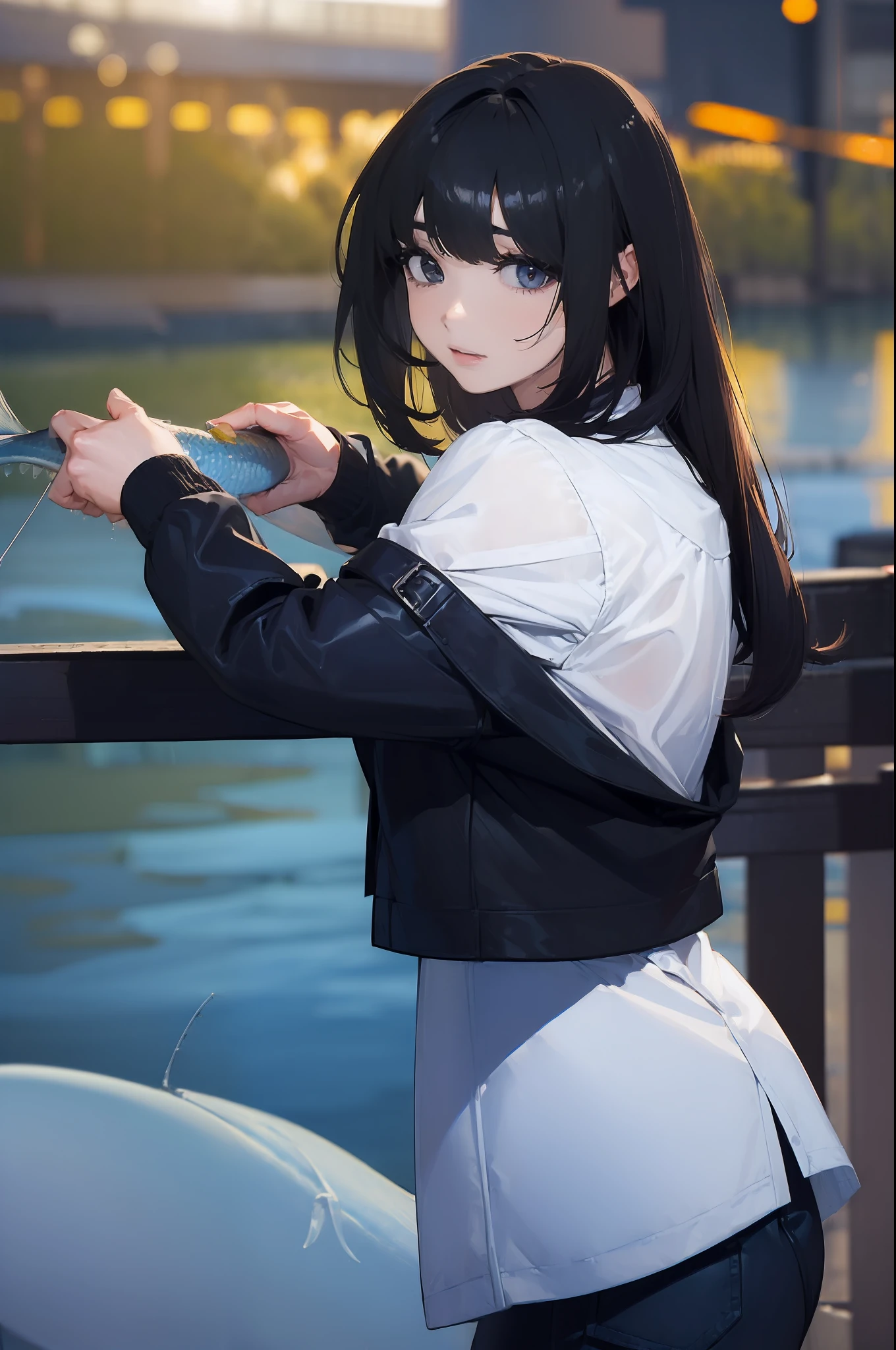 ((((Catching a big fish by the lakeside:1.5)))),((Female 28 years old)),((Best Quality:1.5)),(((Hands with the correct number and structure of fingers:1.4))),((Big fish:1.37)),hight resolution,ultra-detailliert,masterpiece,best qualtiy,Eight-headed body,Black hair, long eyeslashes, Solid Circle Eyes, drop shadow, Atmospheric perspective,Super Detail, ccurate, small brest,(Black jacket and black jeans :1.1),top-quality, blurry backround, bokeh dof:1.2, (masterpiece:1.3), Atmospheric perspective,Super Detail,dynamic compositions,