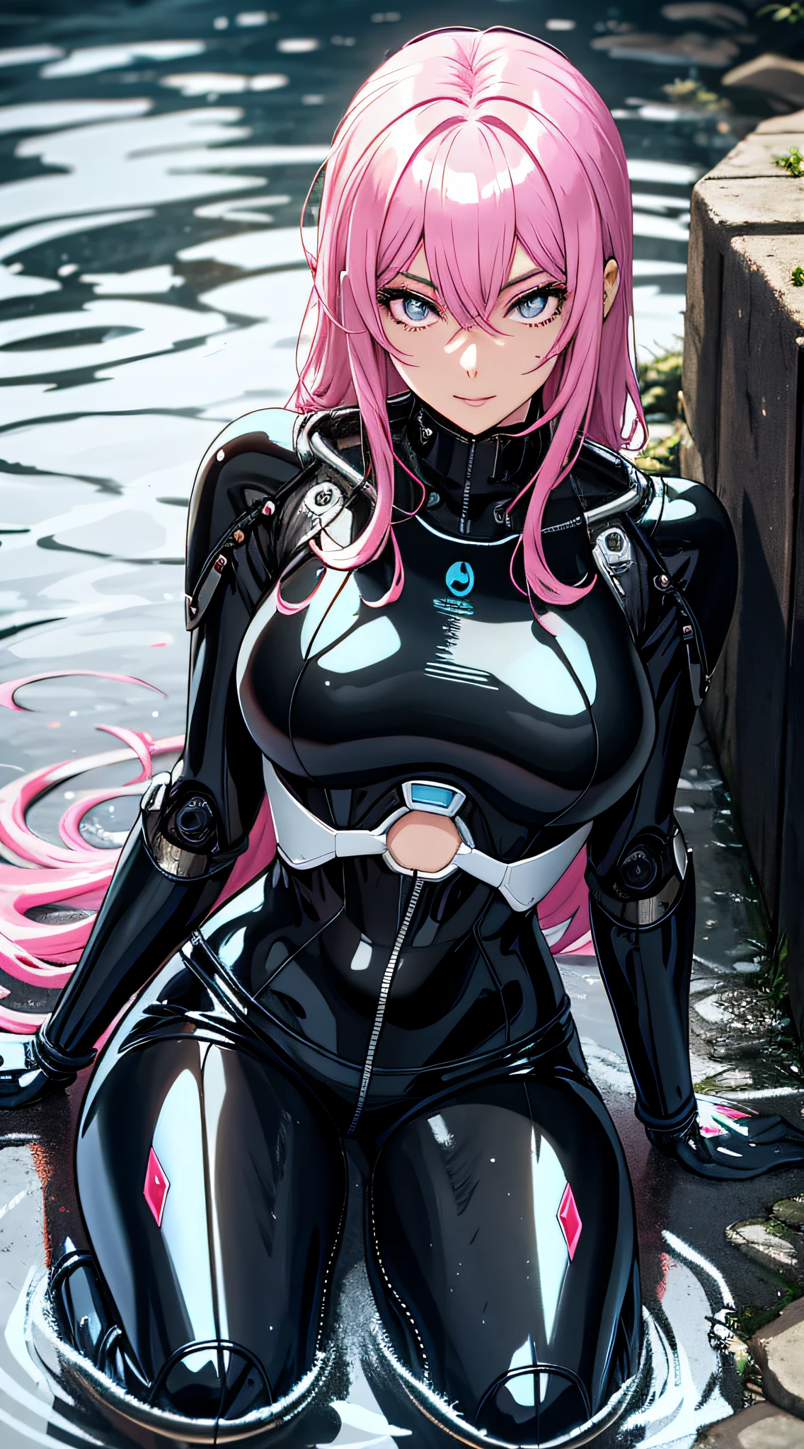 Arafard woman in a wetsuit sitting in a puddle, glossy wet skin!!, Wet shiny skin, Made of liquid metal, broken beautiful female android!, beautiful female android!, perfect android girl, seductive anime girls, Biomechanical OPPAI, an oppai cyberpunk, Drenched Body, Pink body, Latex skin, Girl vs, Wet look