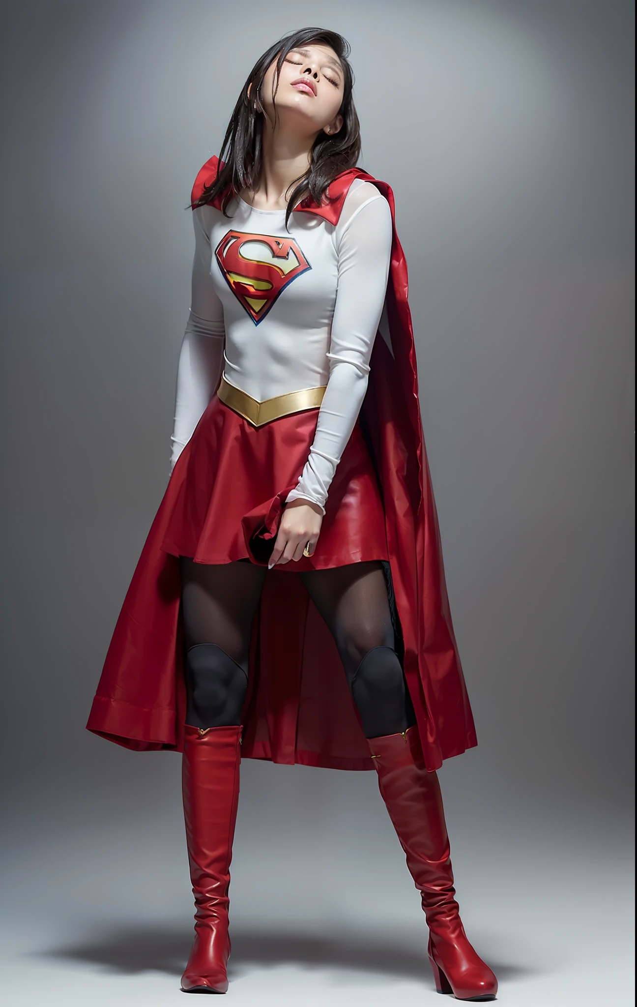 (((Make the most of the original image)))、(((Supergirl Costume)))、(((Hung)))、(((and draw the full body)))、(((Stick to weakness)))、(((Eyes closed)))、(((a short bob、lustrous dark hair)))、(((Suffering)))、(((The cloak is red)))、(((Wearing stockings)))、(((Costumes are torn to shreds)))、((Top image quality、8K))、((top-quality、8K、masterpiece:1.3))、Crisp focus:1.2、Beautiful woman with perfect body shape:1.4、Slender Abs:1.2、((layers-Cut))、a wet body:1.5、Highly detailed facial and skin texture、